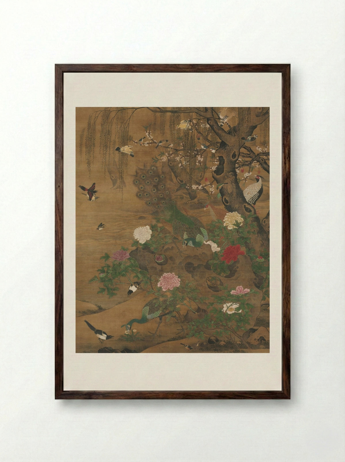 Birds Gather under the Spring Willow - Yin Hong - Framed Print Dark Wood