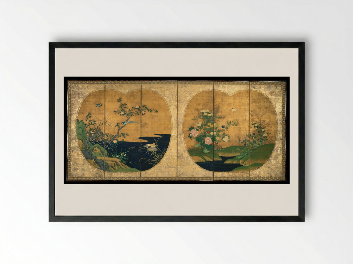 Birds and Flowers of Autumn and Winter - Kano Chikanobu - Framed Print Black