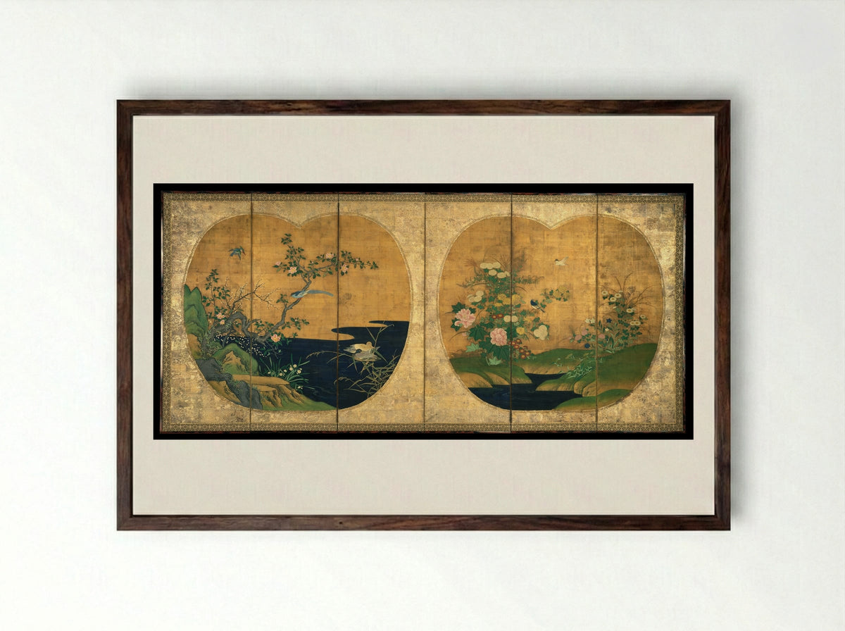 Birds and Flowers of Autumn and Winter - Kano Chikanobu - Framed Print Dark Wood