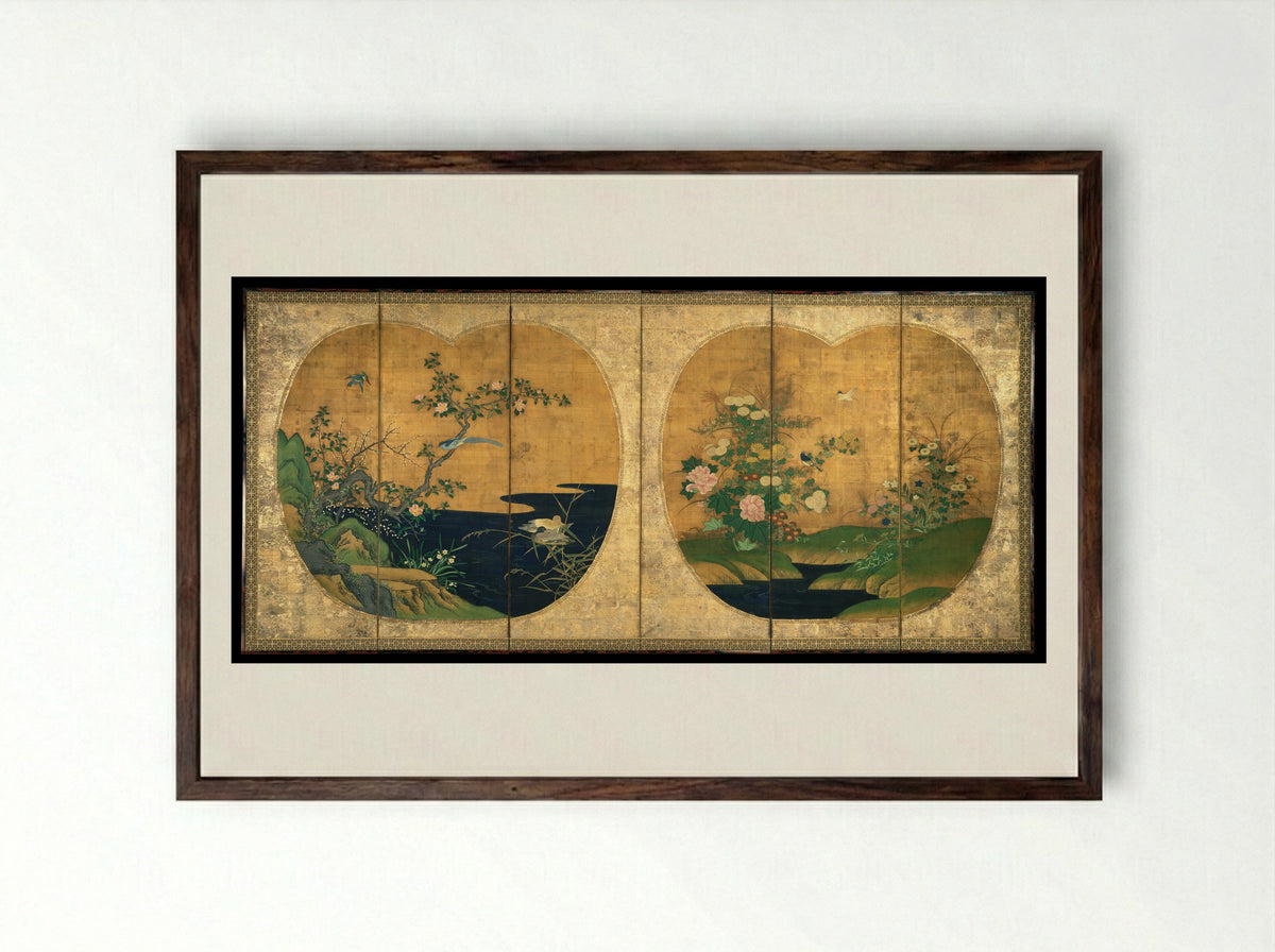 Birds and Flowers of Autumn and Winter - Kano Chikanobu - Framed Print Dark Wood