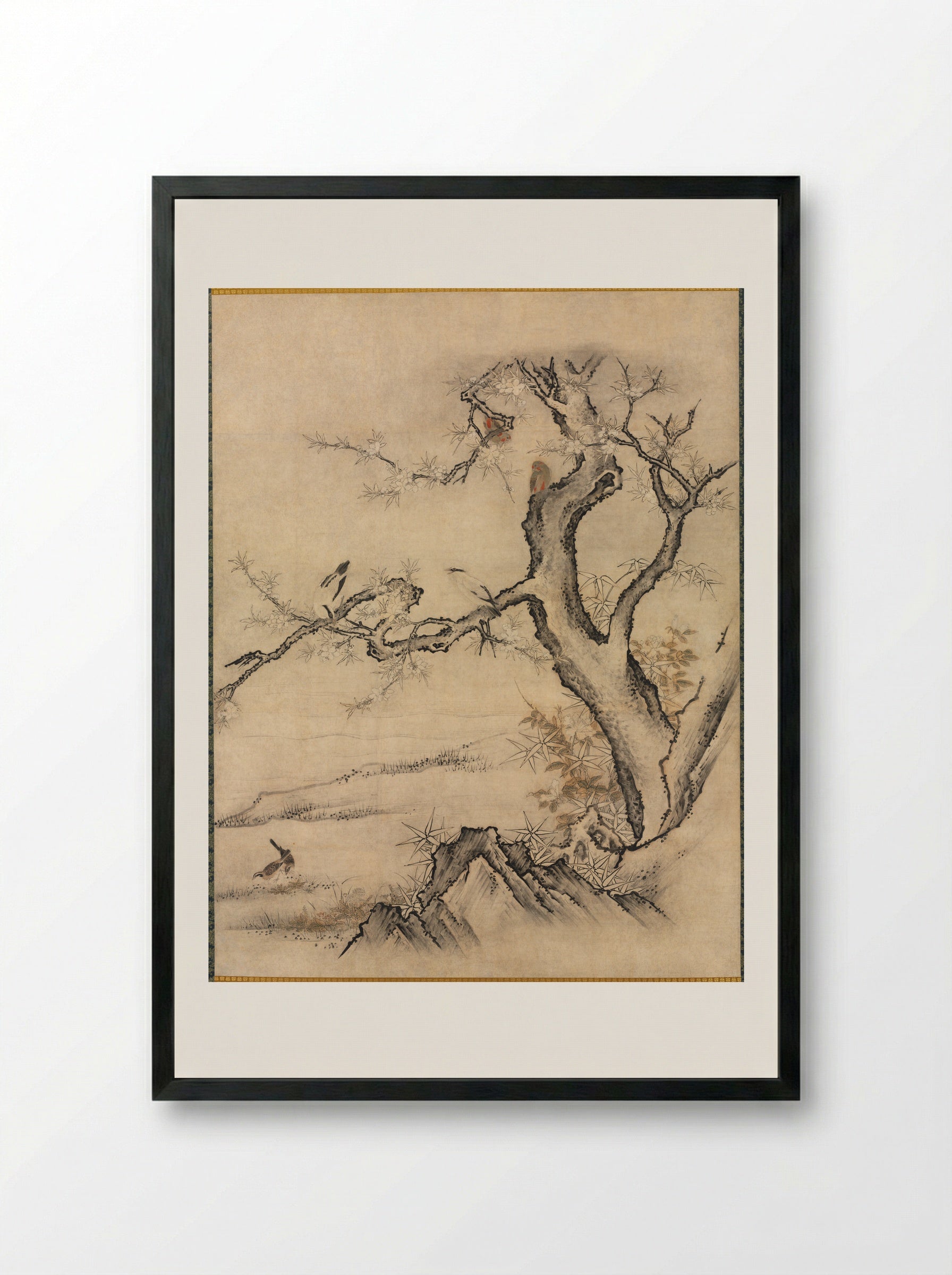 Birds and Flowers of the Four Seasons (Spring) - Kano Motonobu - Framed Print Black