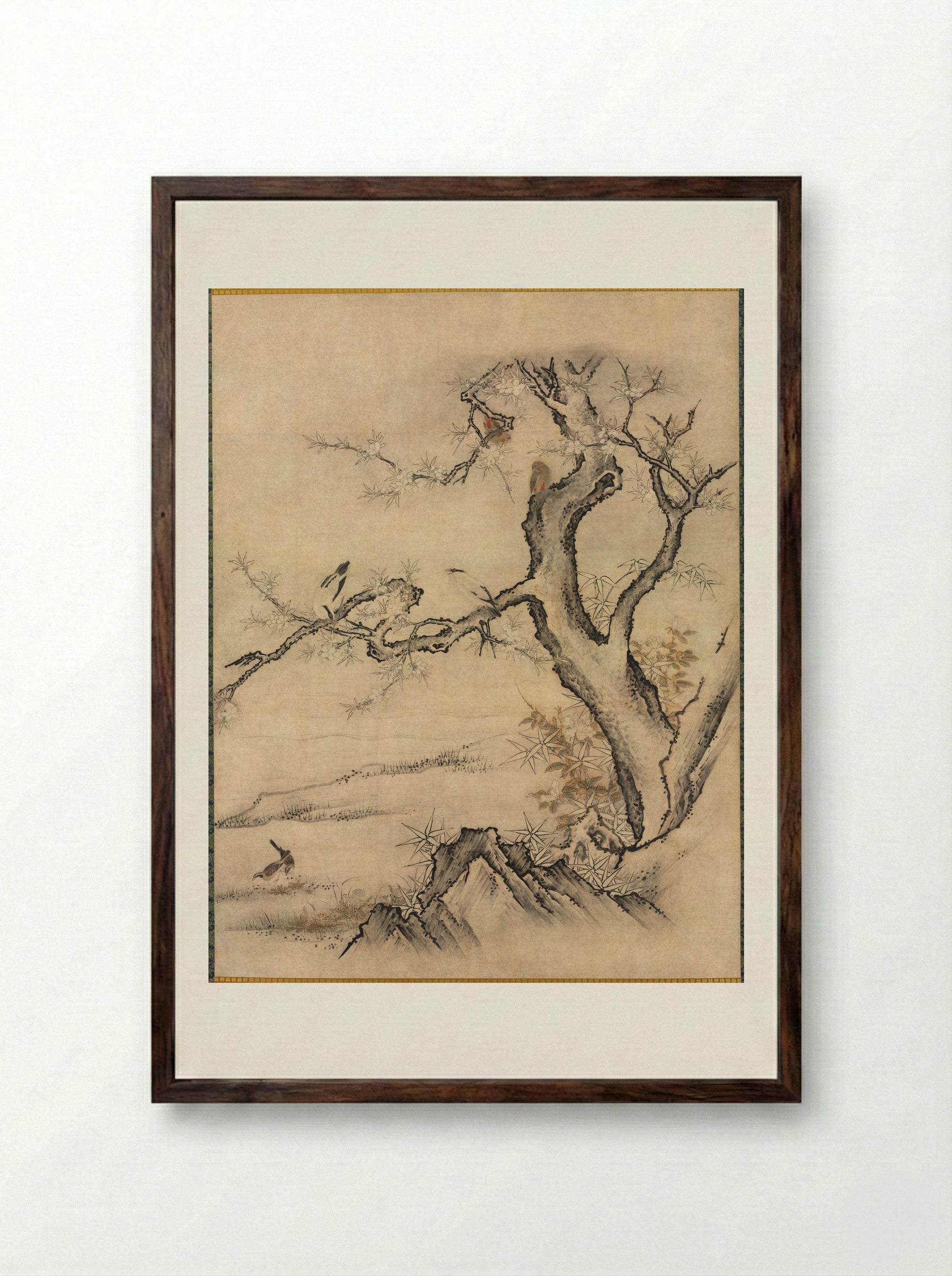 Birds and Flowers of the Four Seasons (Spring) - Kano Motonobu - Framed Print Dark Wood