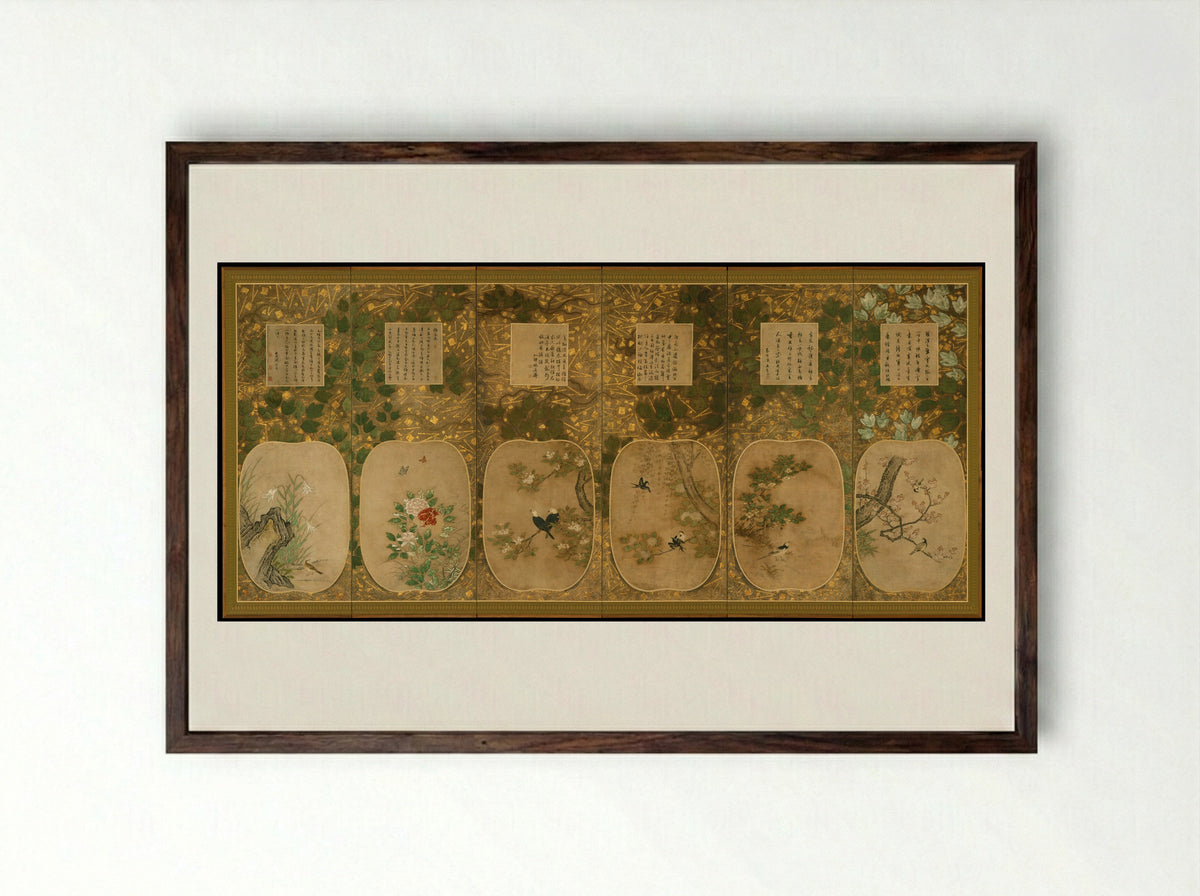 Birds and Flowers of the Twelve Months with Chinese Calligraphy - Kano School - Framed Print Dark Wood