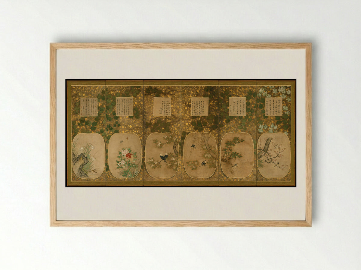 Birds and Flowers of the Twelve Months with Chinese Calligraphy - Kano School - Framed Print Wood