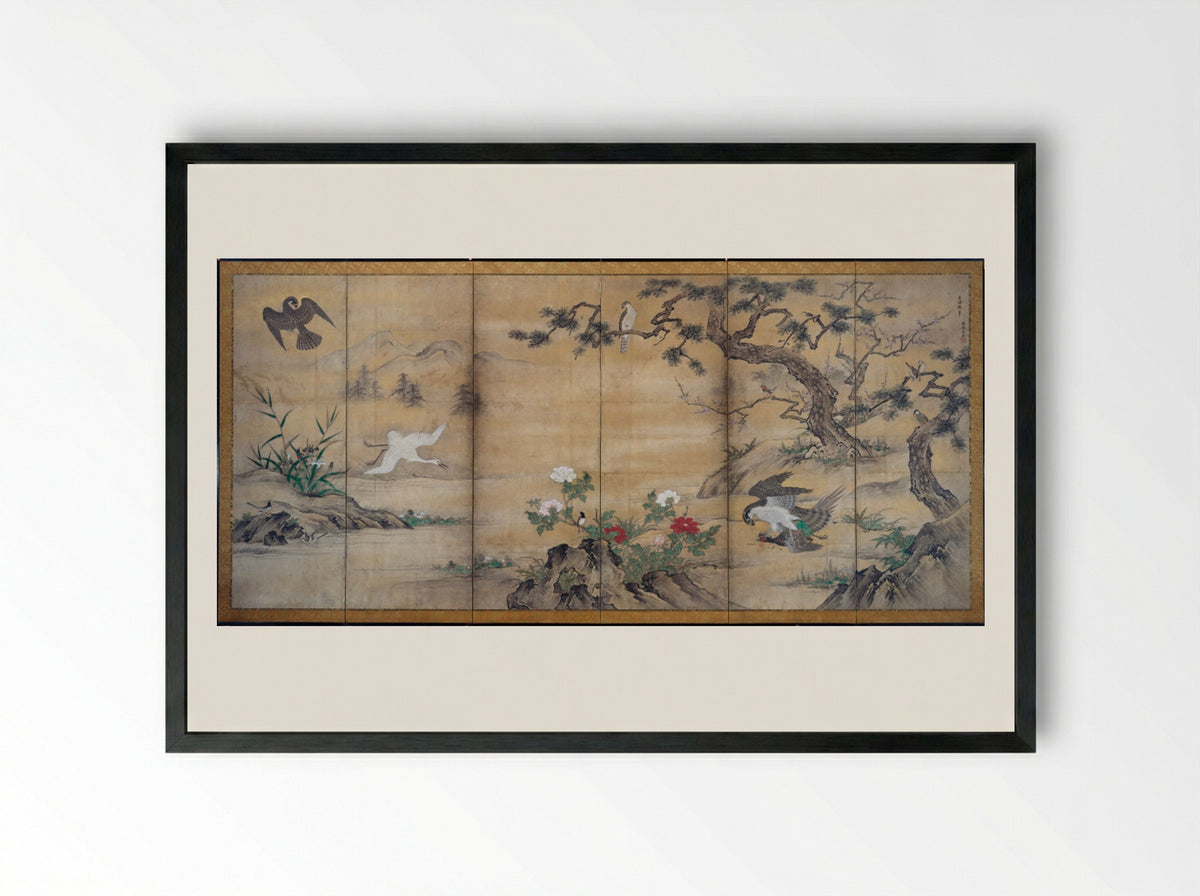 Birds and Flowers - Kano Shōei - Framed Print Black