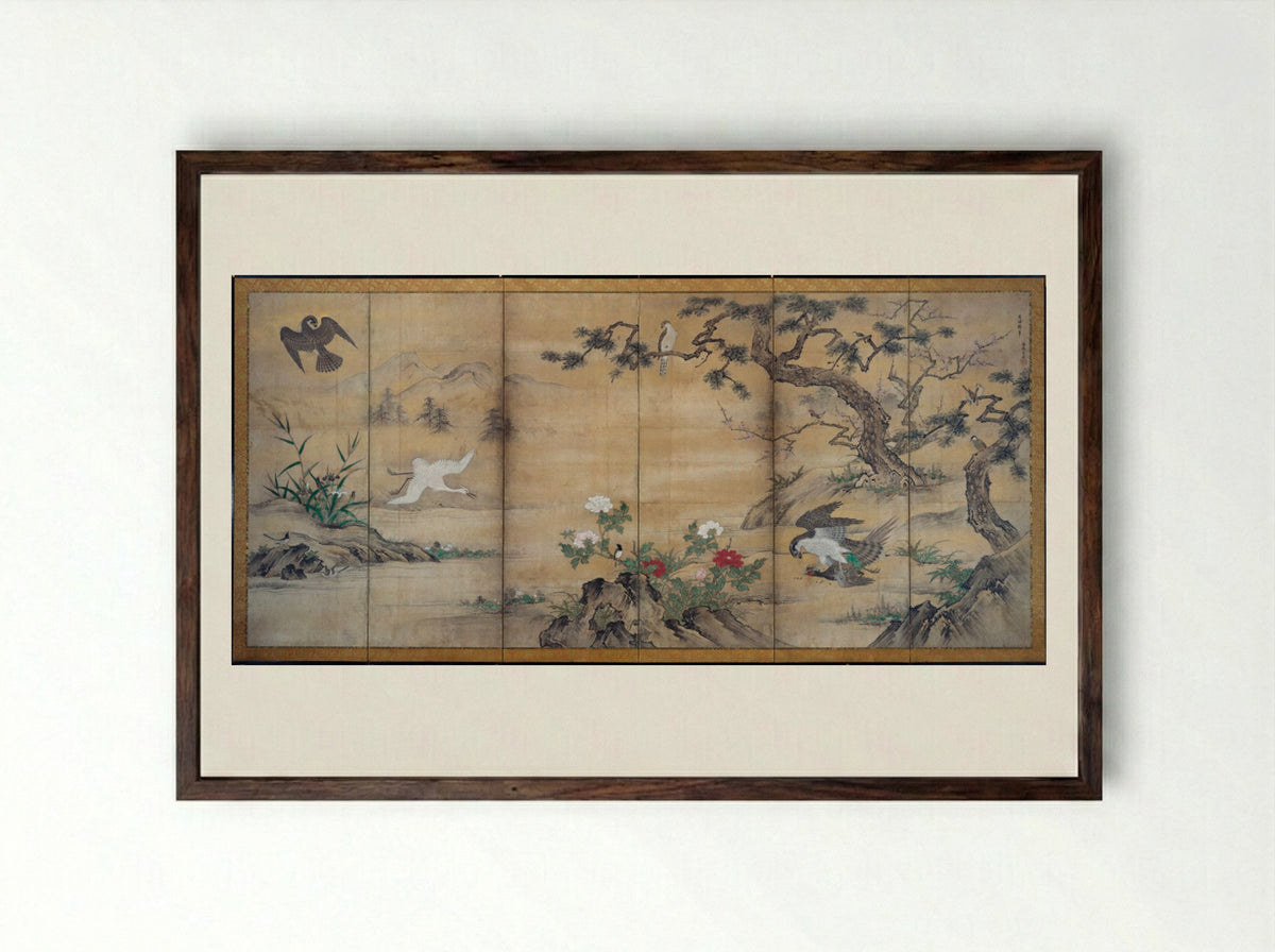 Birds and Flowers - Kano Shōei - Framed Print Dark Wood