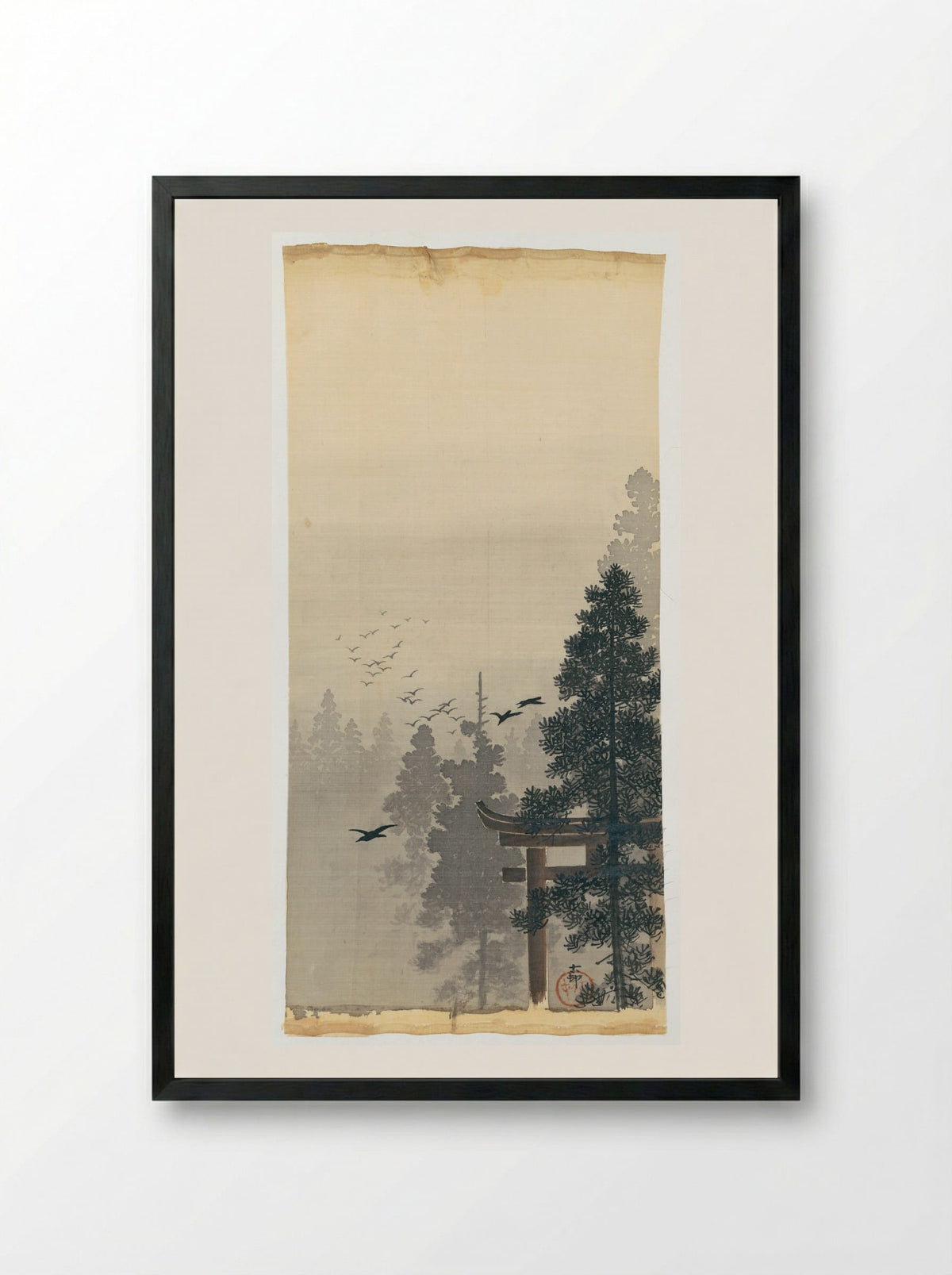 Birds and Torii Gate in Mist - Ohara Koson - Framed Print Black