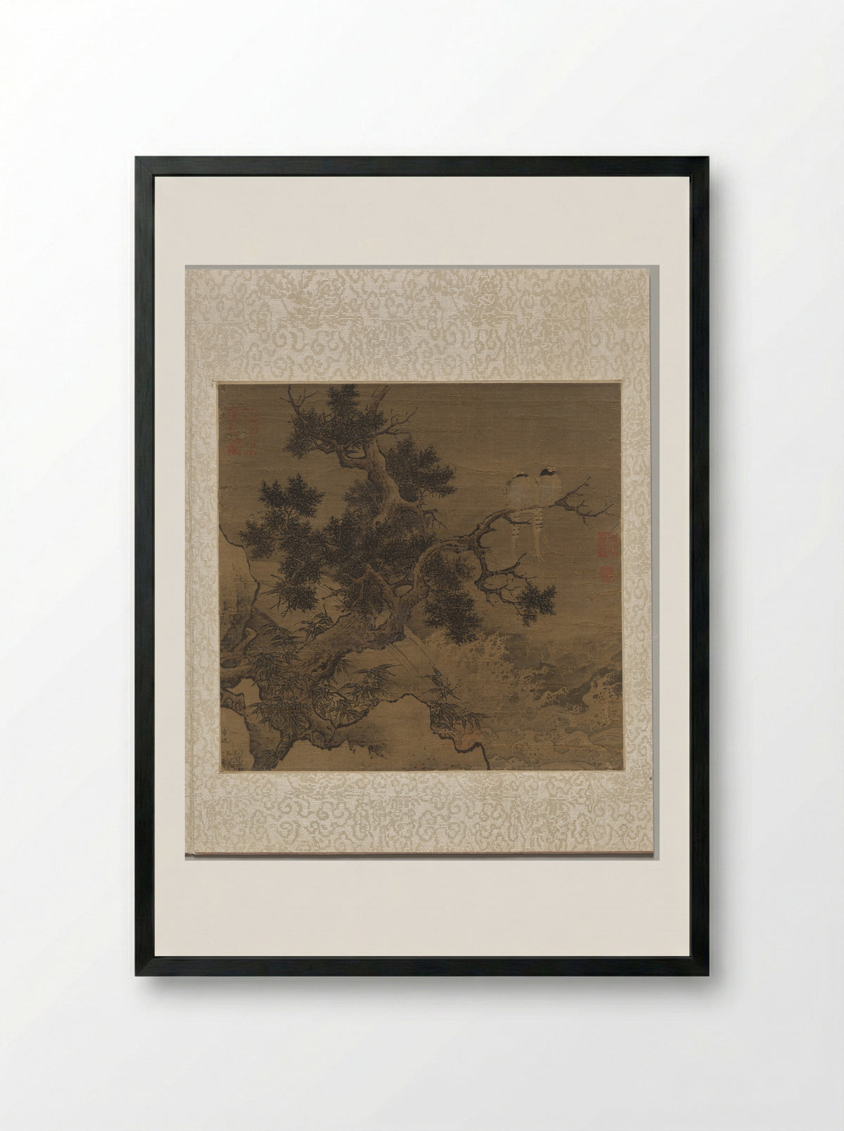 Birds on a Tree above a Cataract - Li Di - Framed Print Black