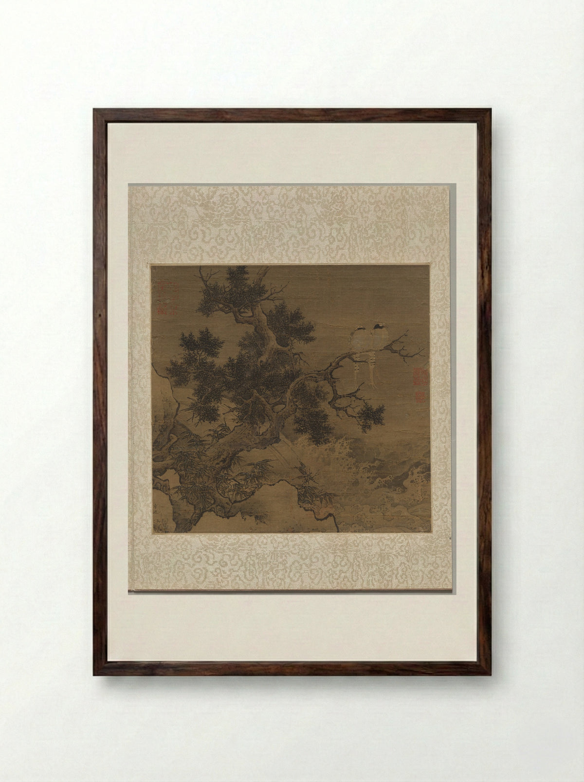 Birds on a Tree above a Cataract - Li Di - Framed Print Dark Wood