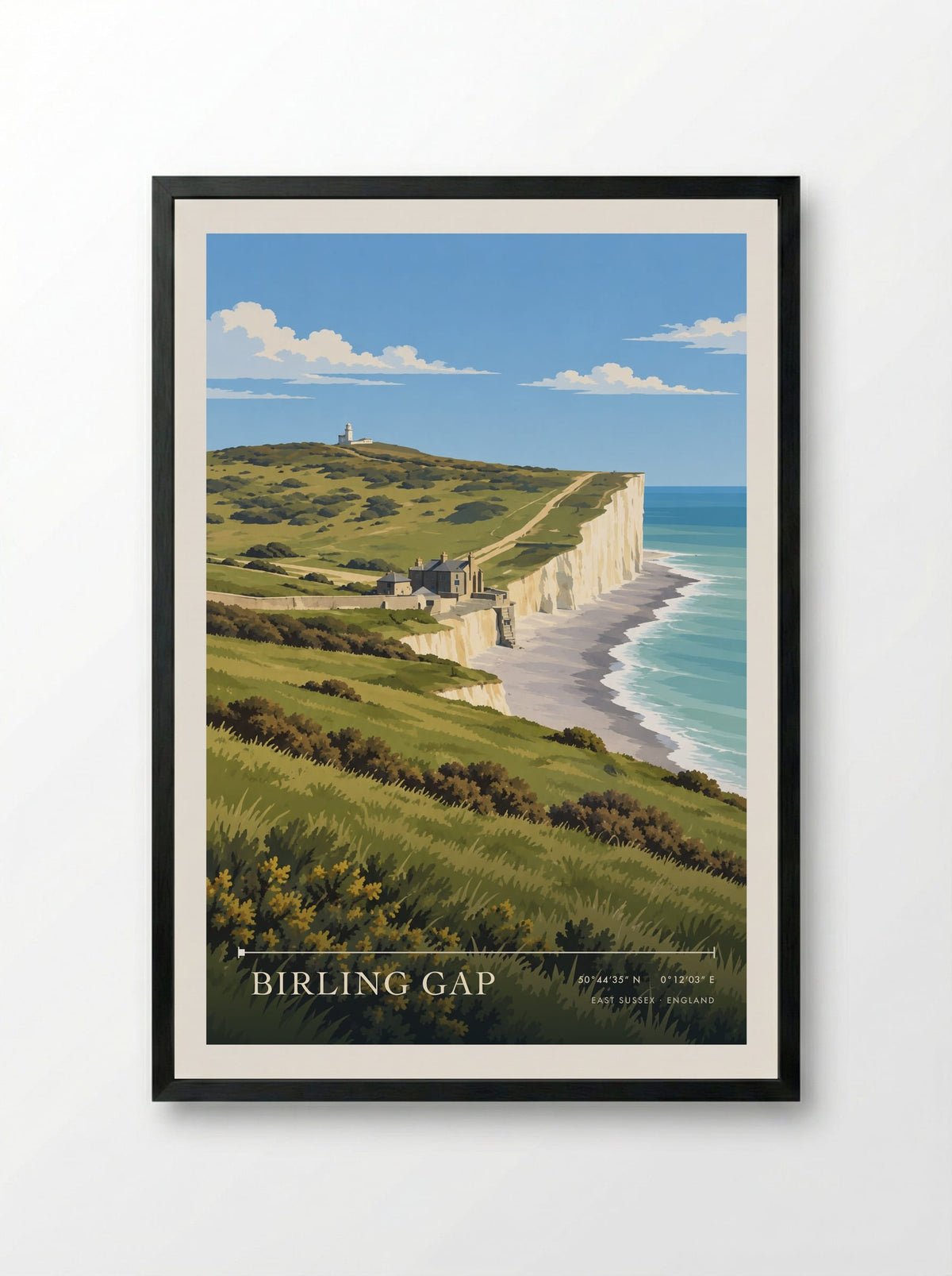 Birling Gap, East Sussex | Travel Poster - Framed Print Black