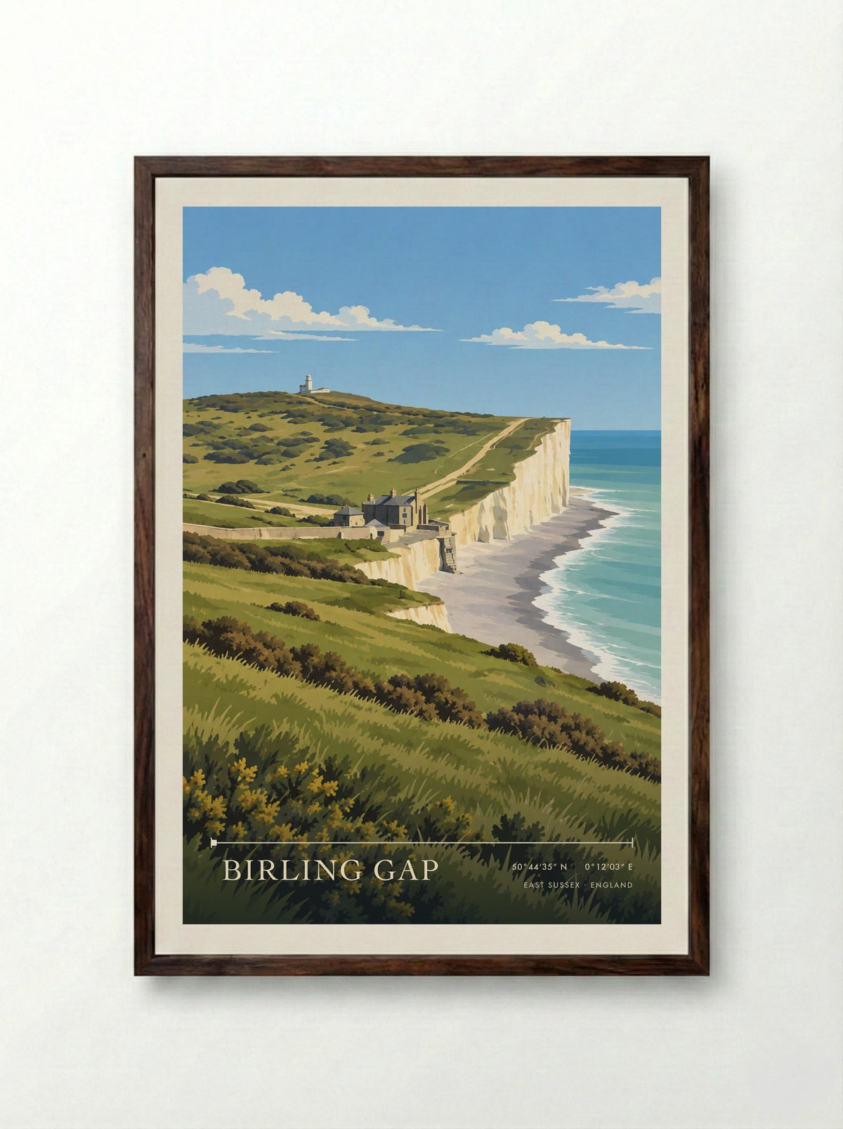 Birling Gap, East Sussex | Travel Poster - Framed Print Dark Wood