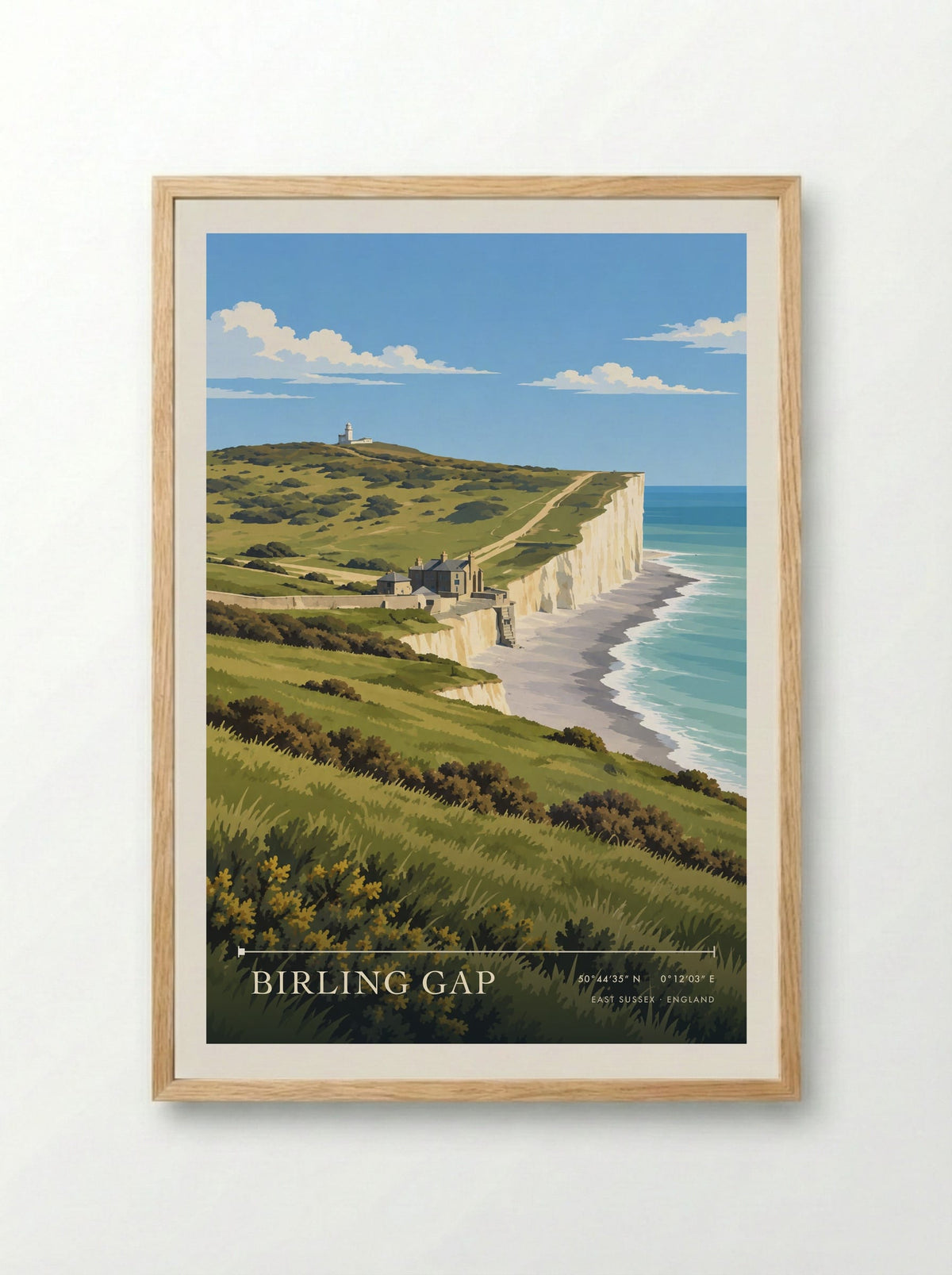 Birling Gap, East Sussex | Travel Poster - Framed Print Wood