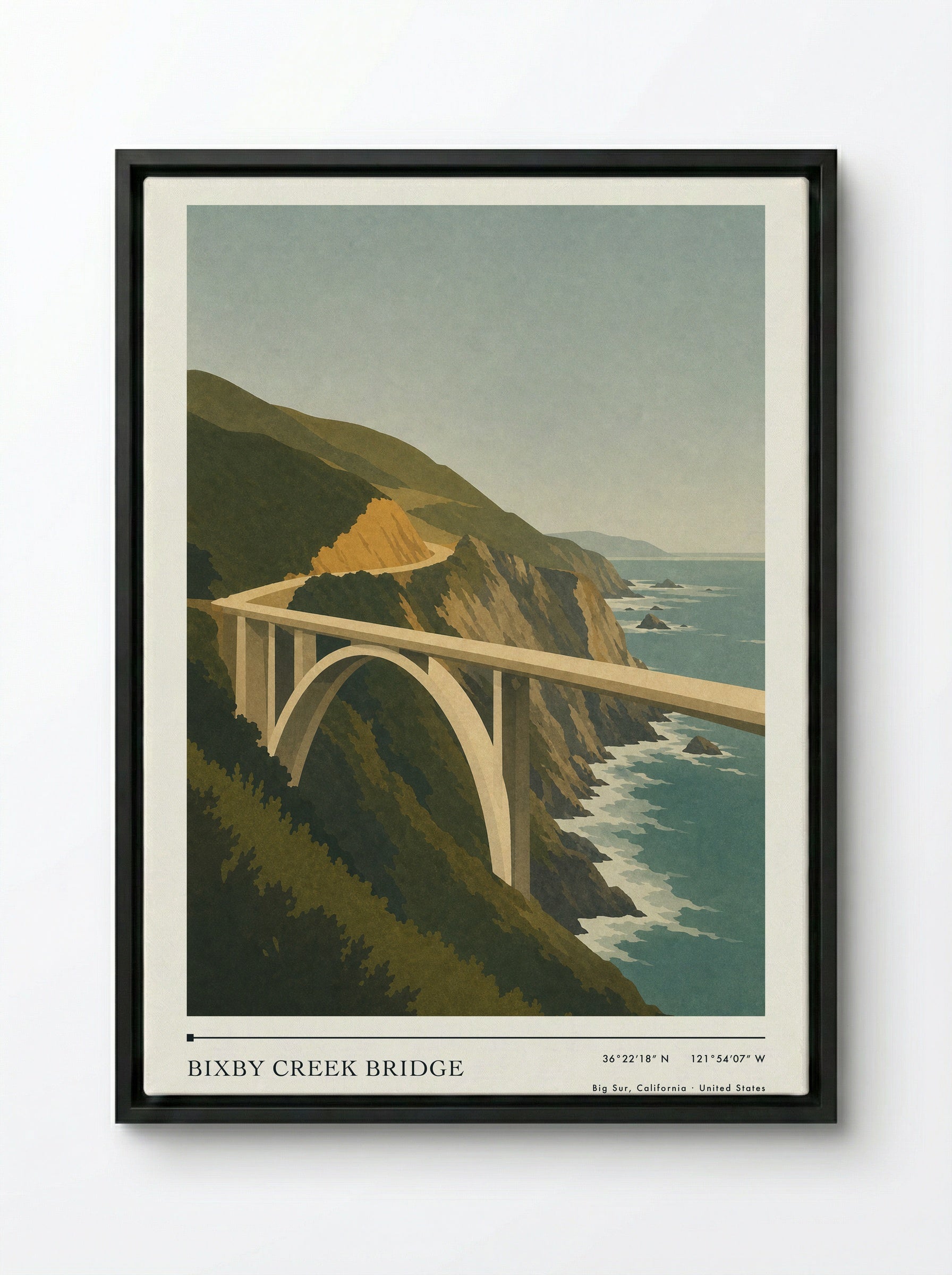 Bixby Creek Bridge Travel Poster Artwork - Framed Canvas Black