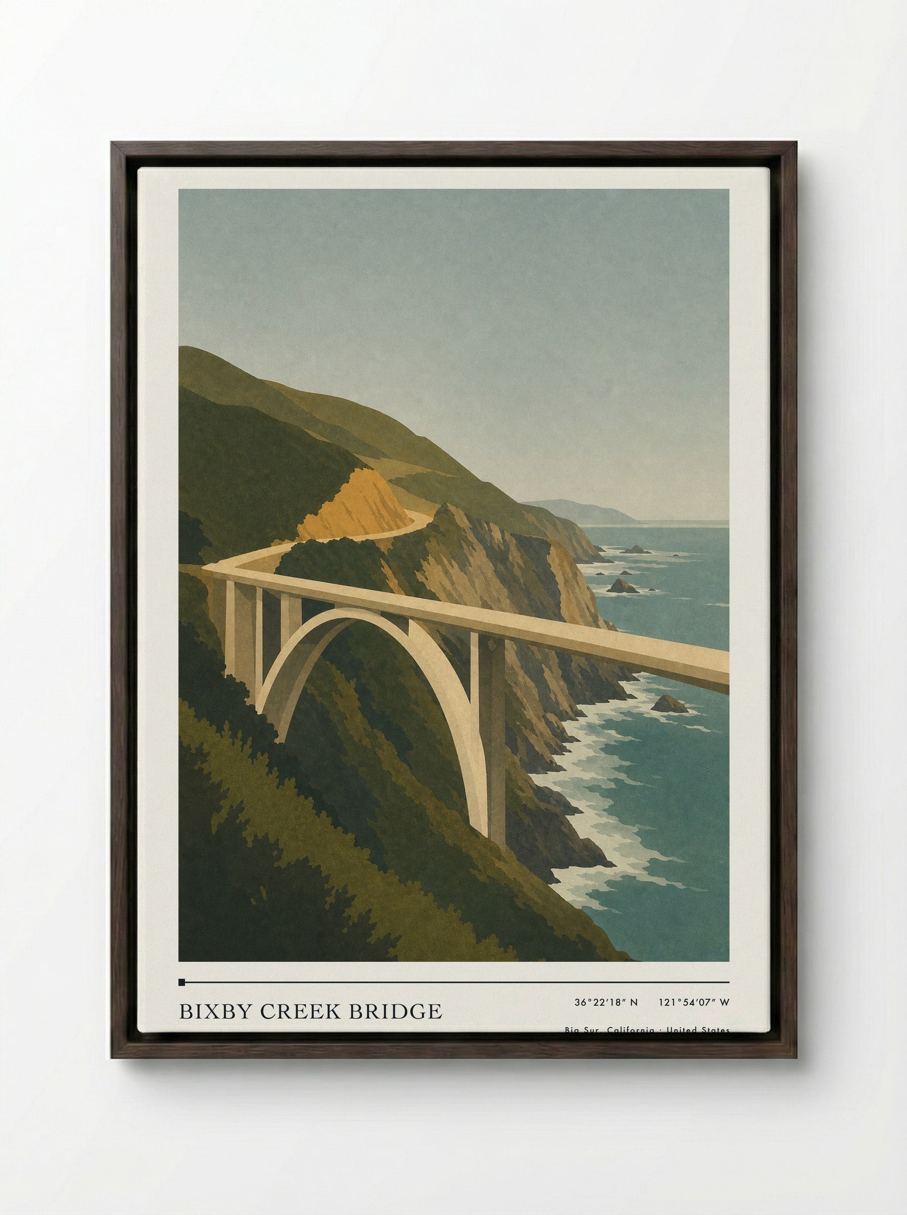 Bixby Creek Bridge Travel Poster Artwork - Framed Canvas Dark Wood