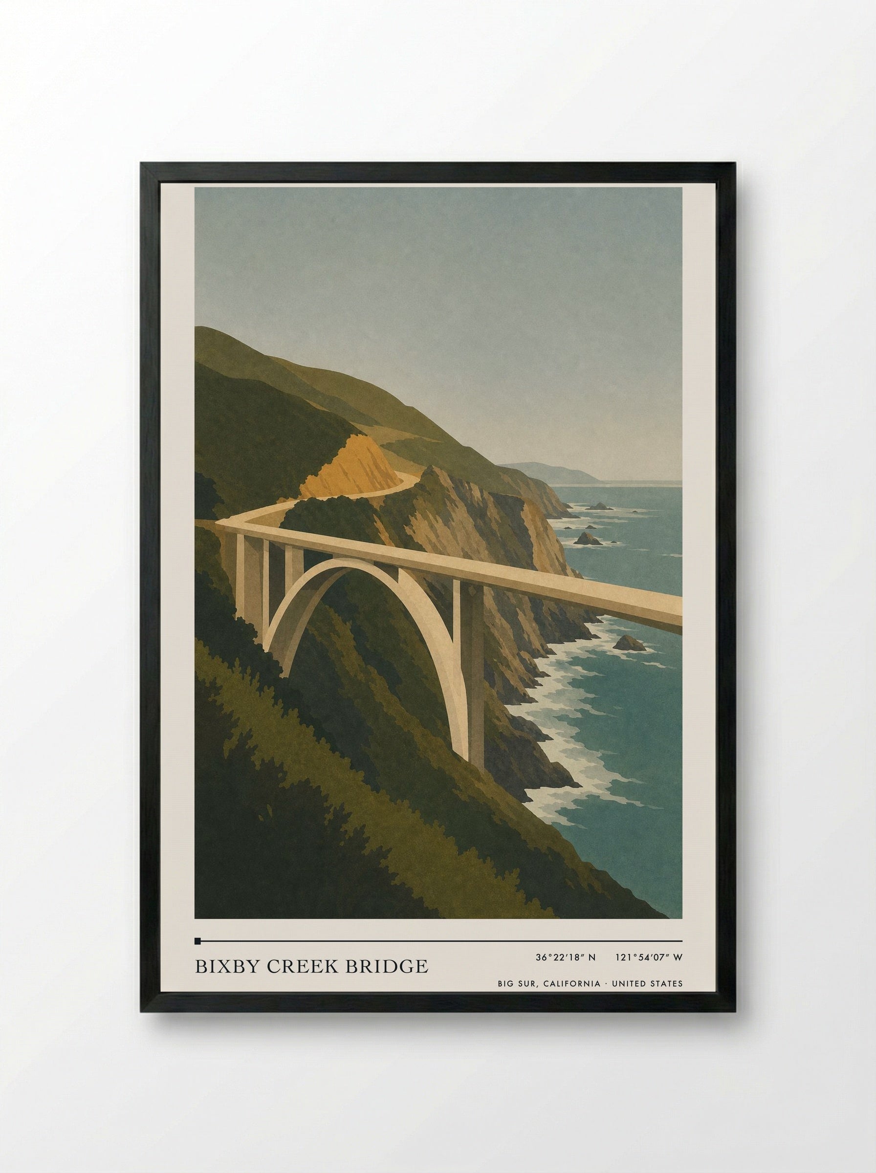 Bixby Creek Bridge Travel Poster Artwork - Framed Print Black
