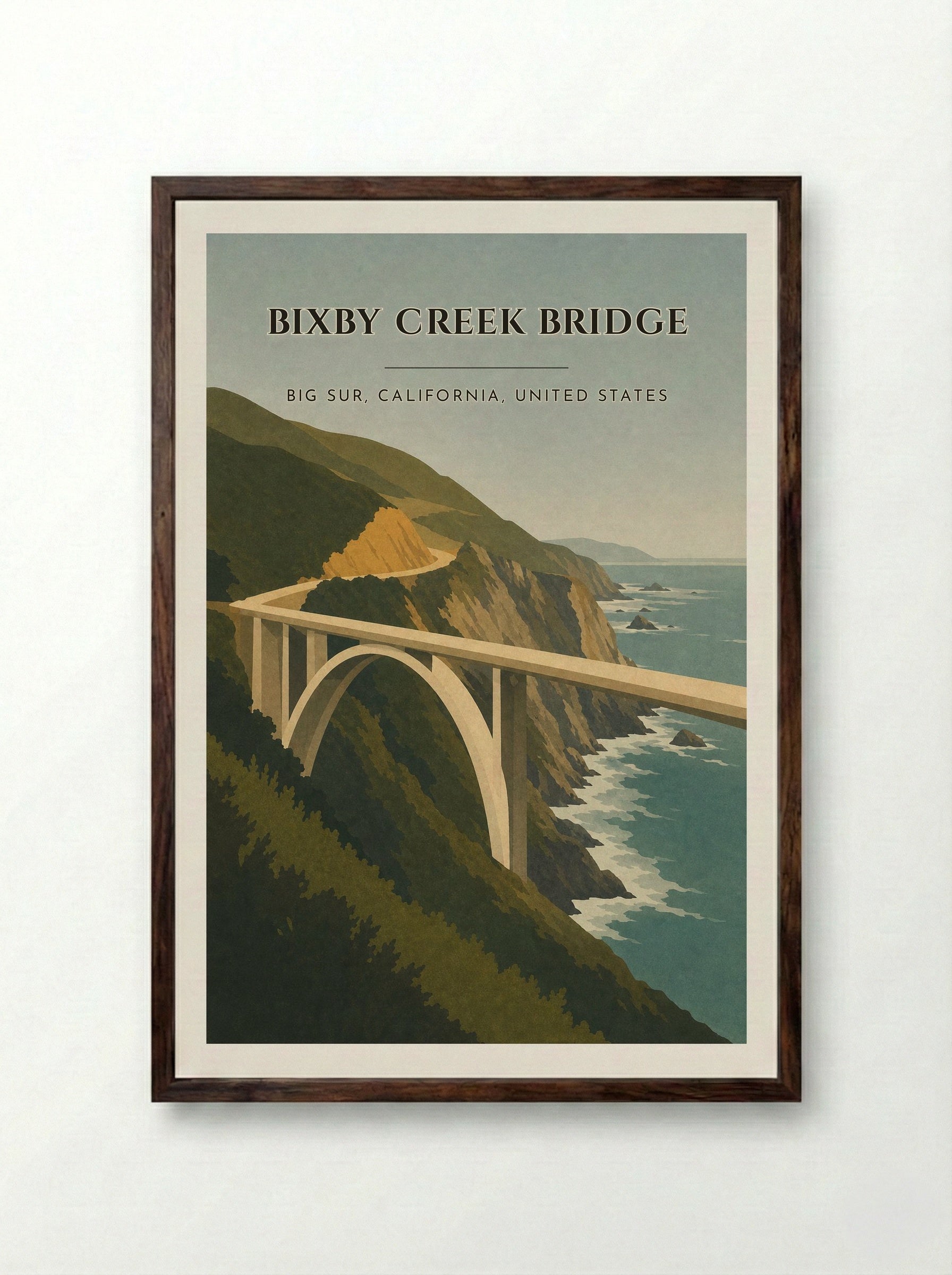 Bixby Creek Bridge Travel Poster Artwork - Framed Print Dark Wood