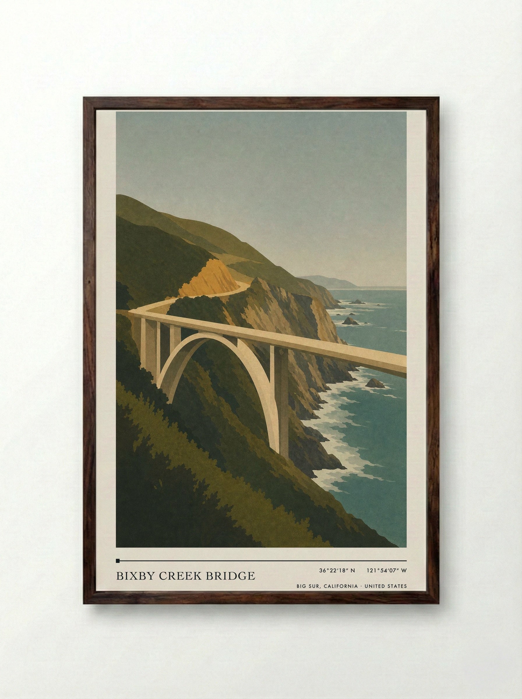 Bixby Creek Bridge Travel Poster Artwork - Framed Print Dark Wood