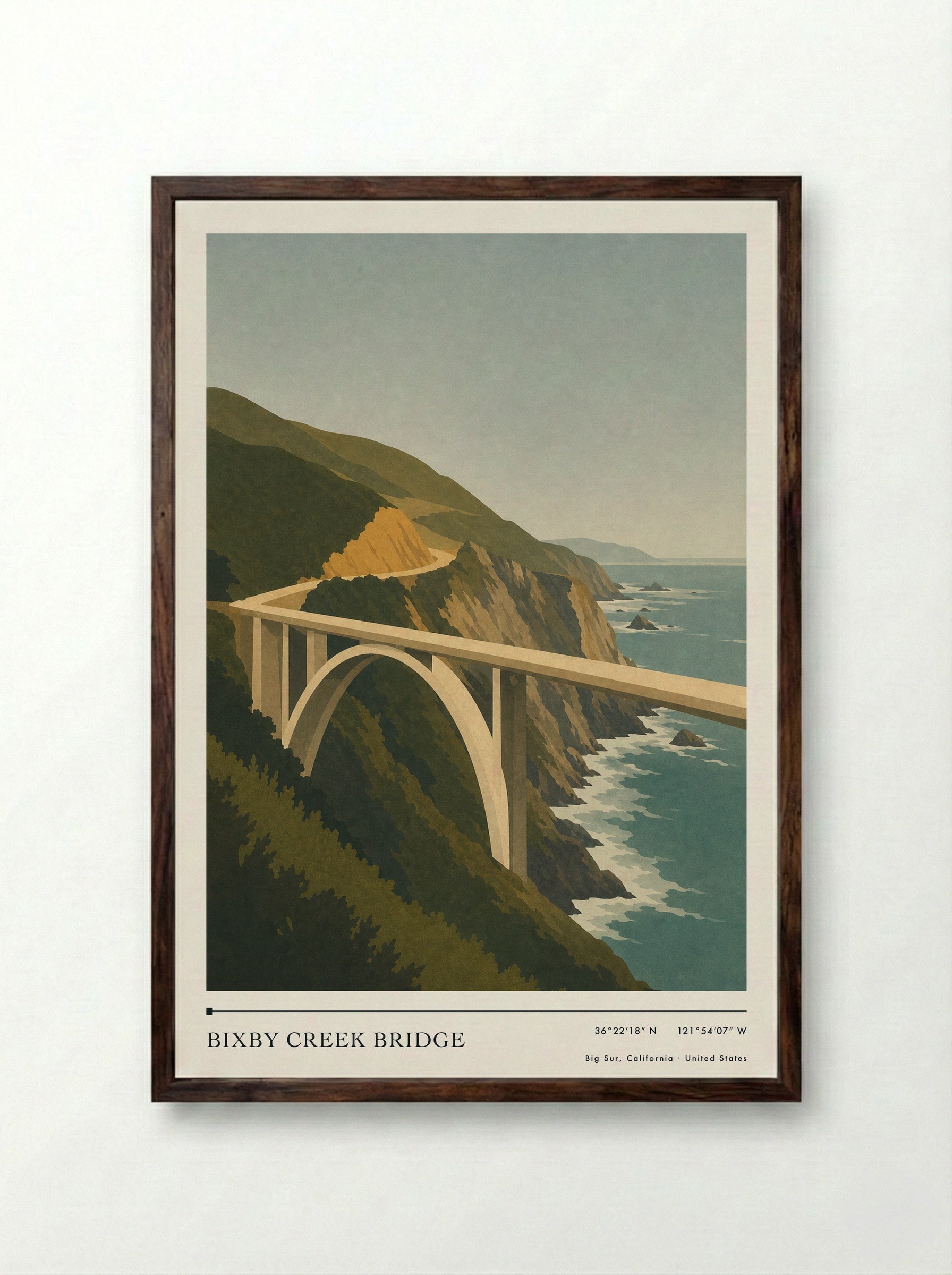 Bixby Creek Bridge Travel Poster Artwork - Framed Print Dark Wood