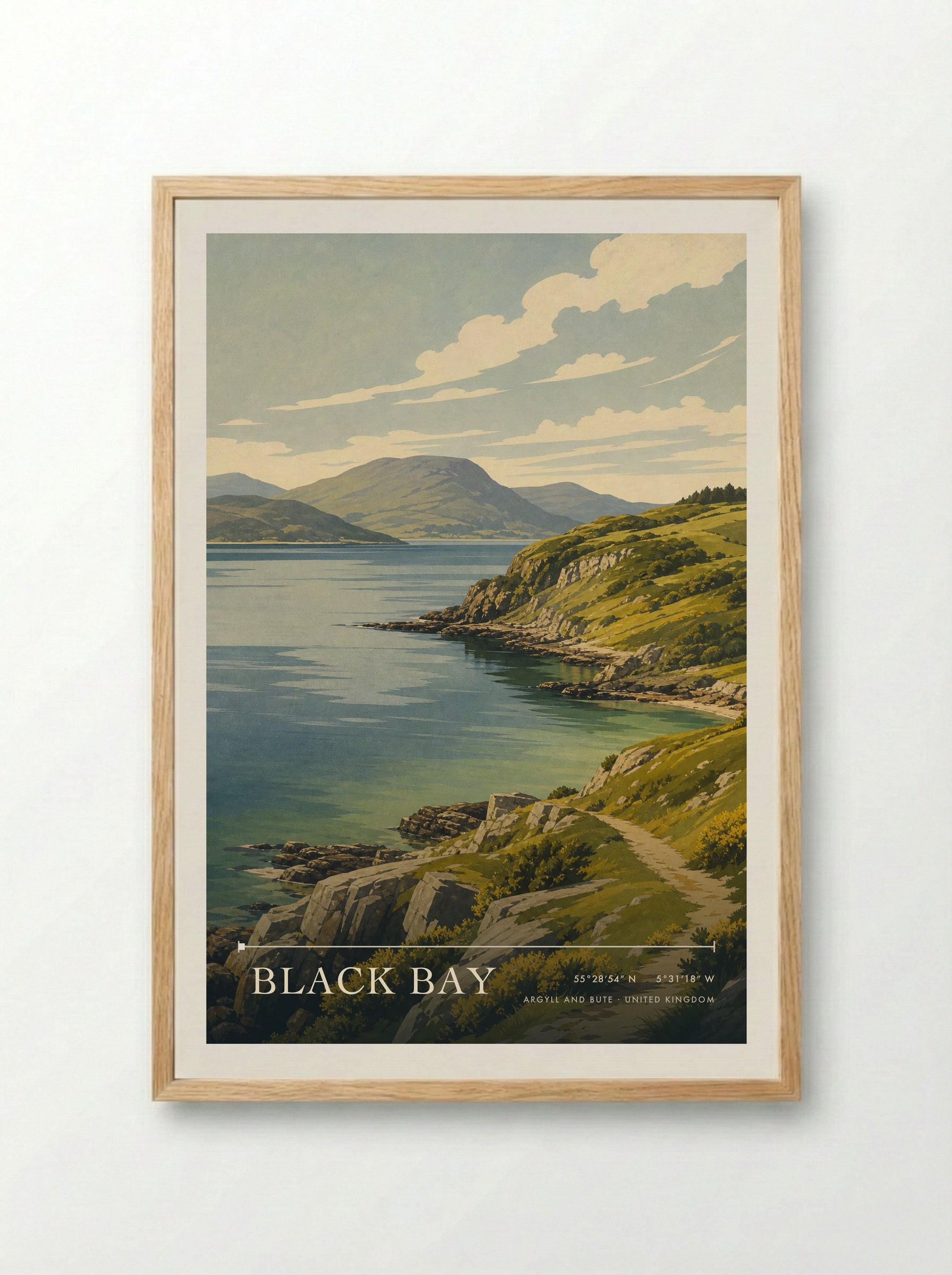Black Bay Argyll and Bute United Kingdom Travel Poster - Framed Print Wood