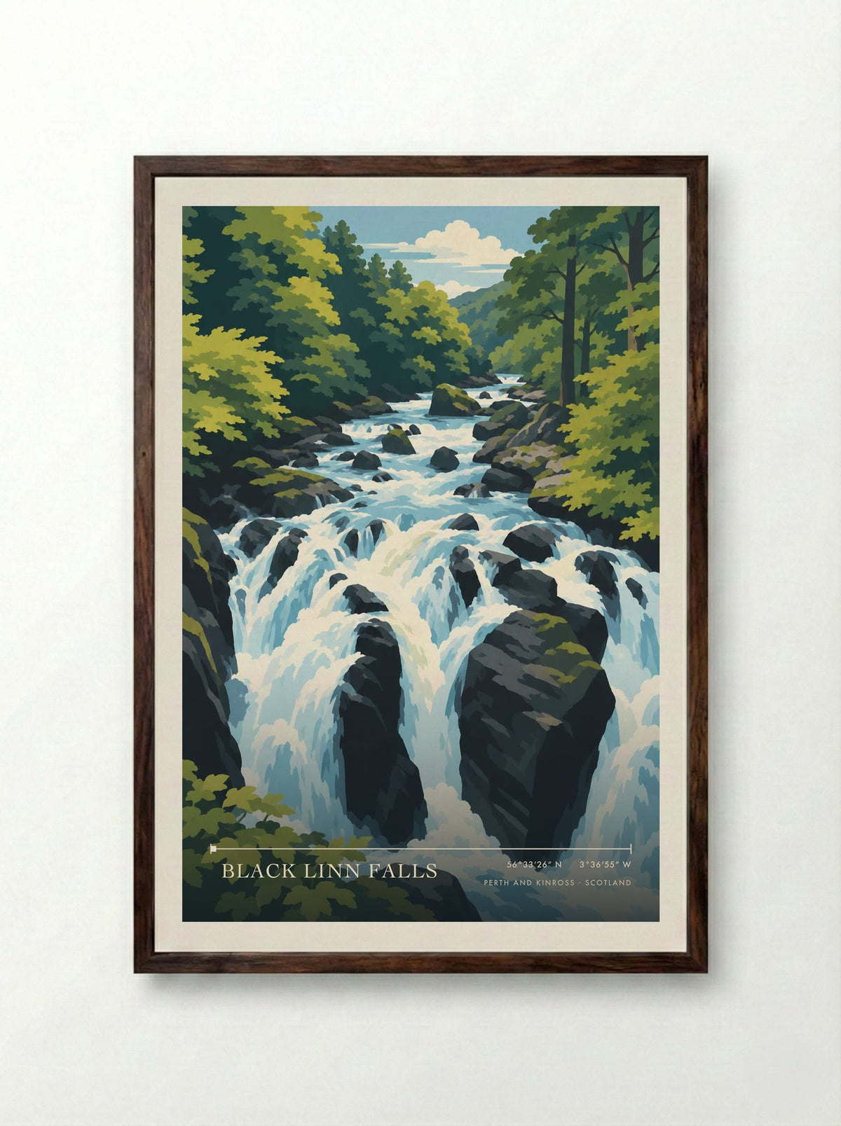 Black Linn Falls, Perth and Kinross | Travel Poster - Framed Print Dark Wood