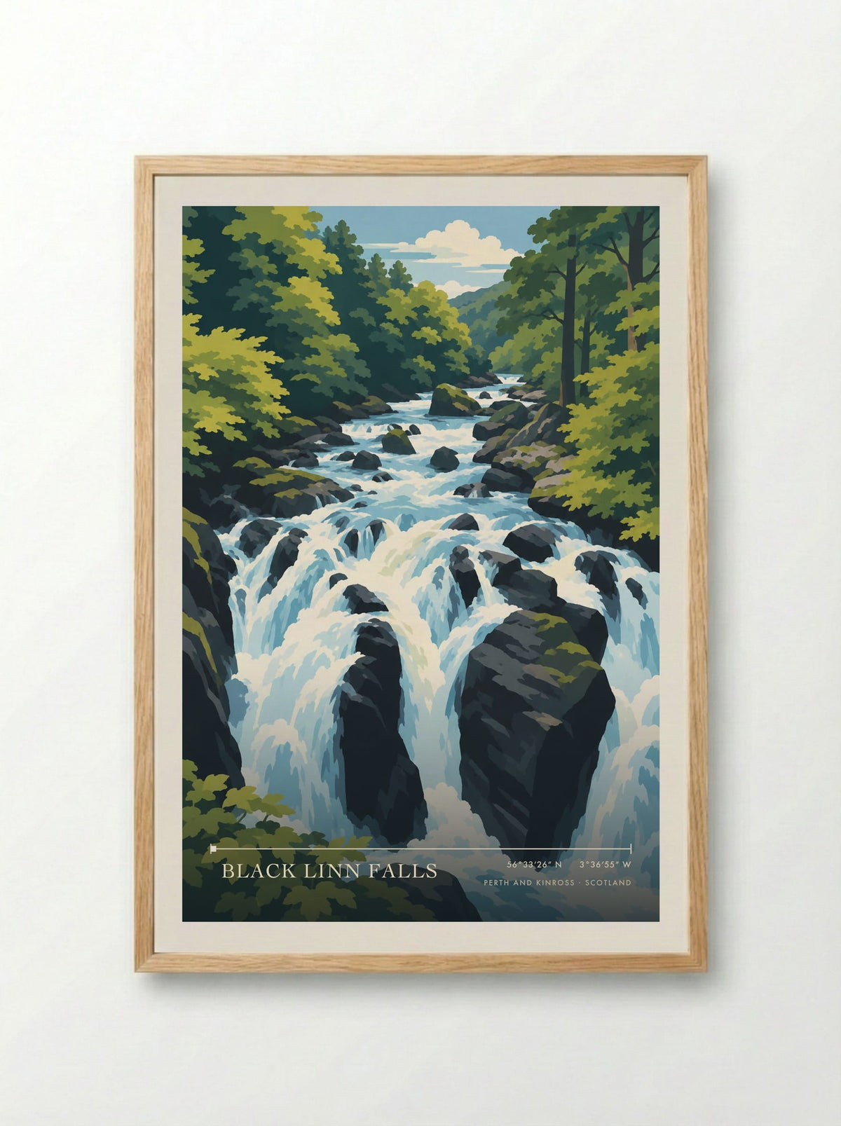 Black Linn Falls, Perth and Kinross | Travel Poster - Framed Print Wood
