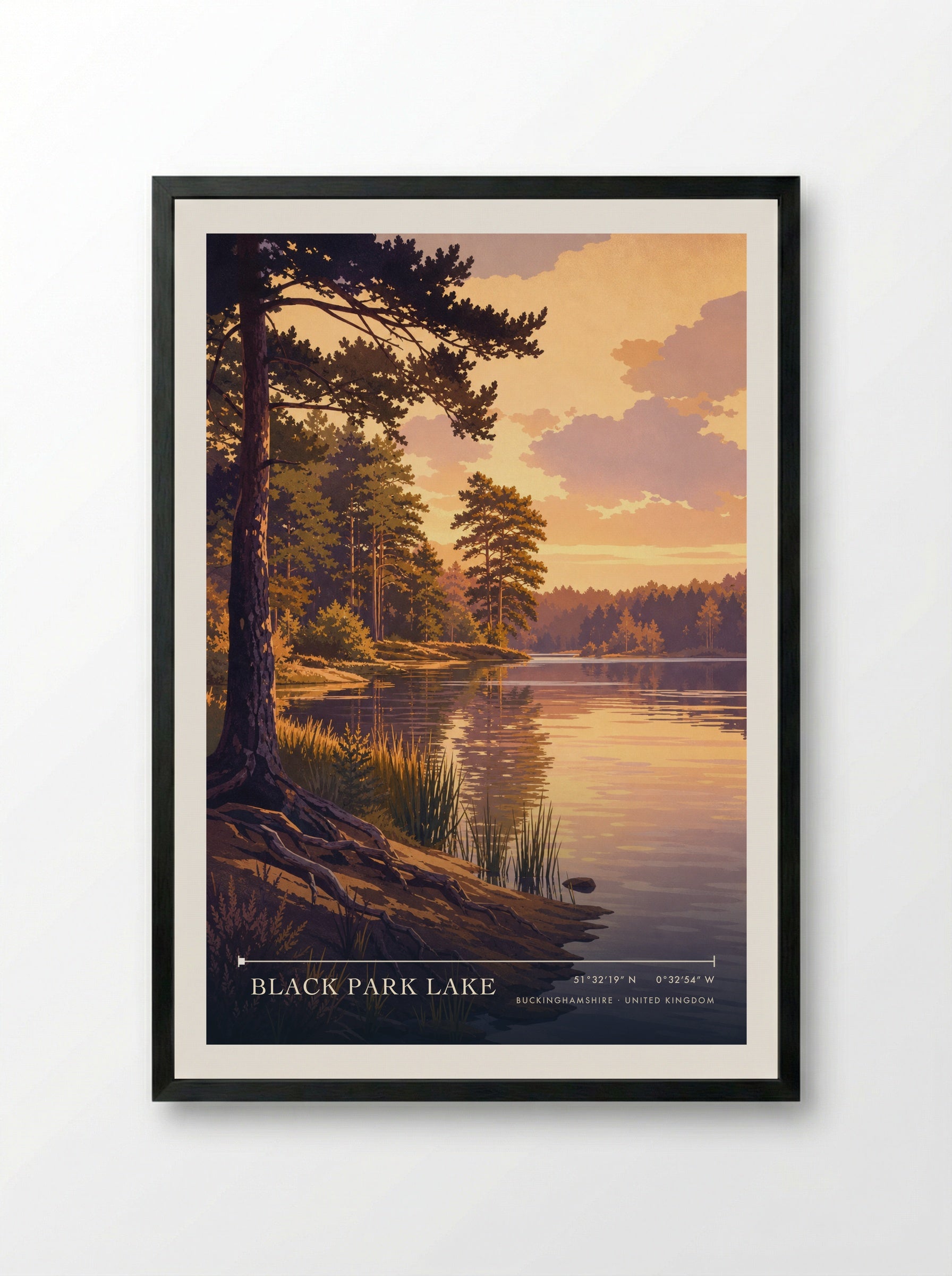 Black Park Lake Buckinghamshire United Kingdom Travel Poster - Framed Print Black