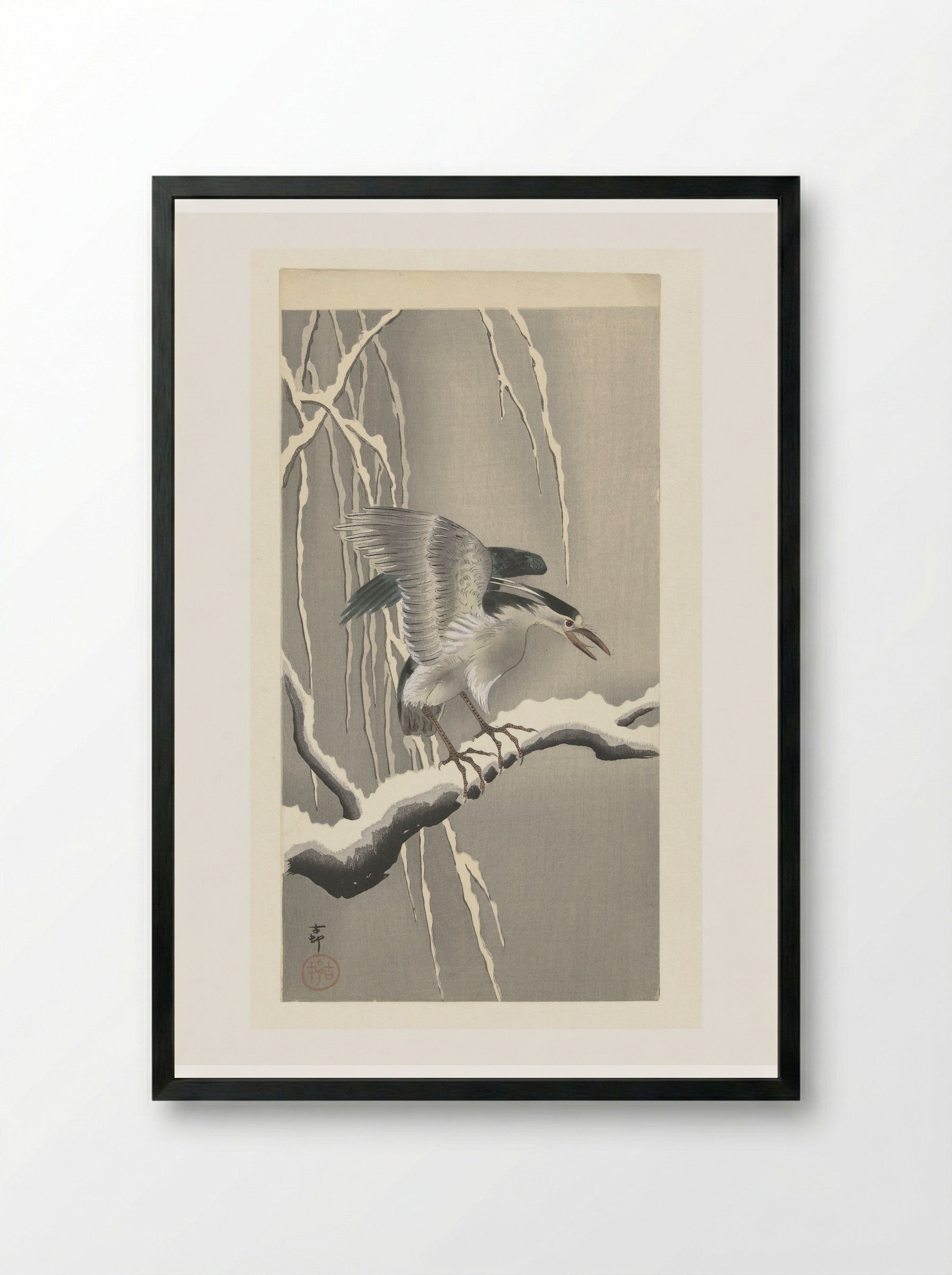 Black-crowned Night Heron on a Snowy Branch - Matsuki Heikichi - Framed Print Black