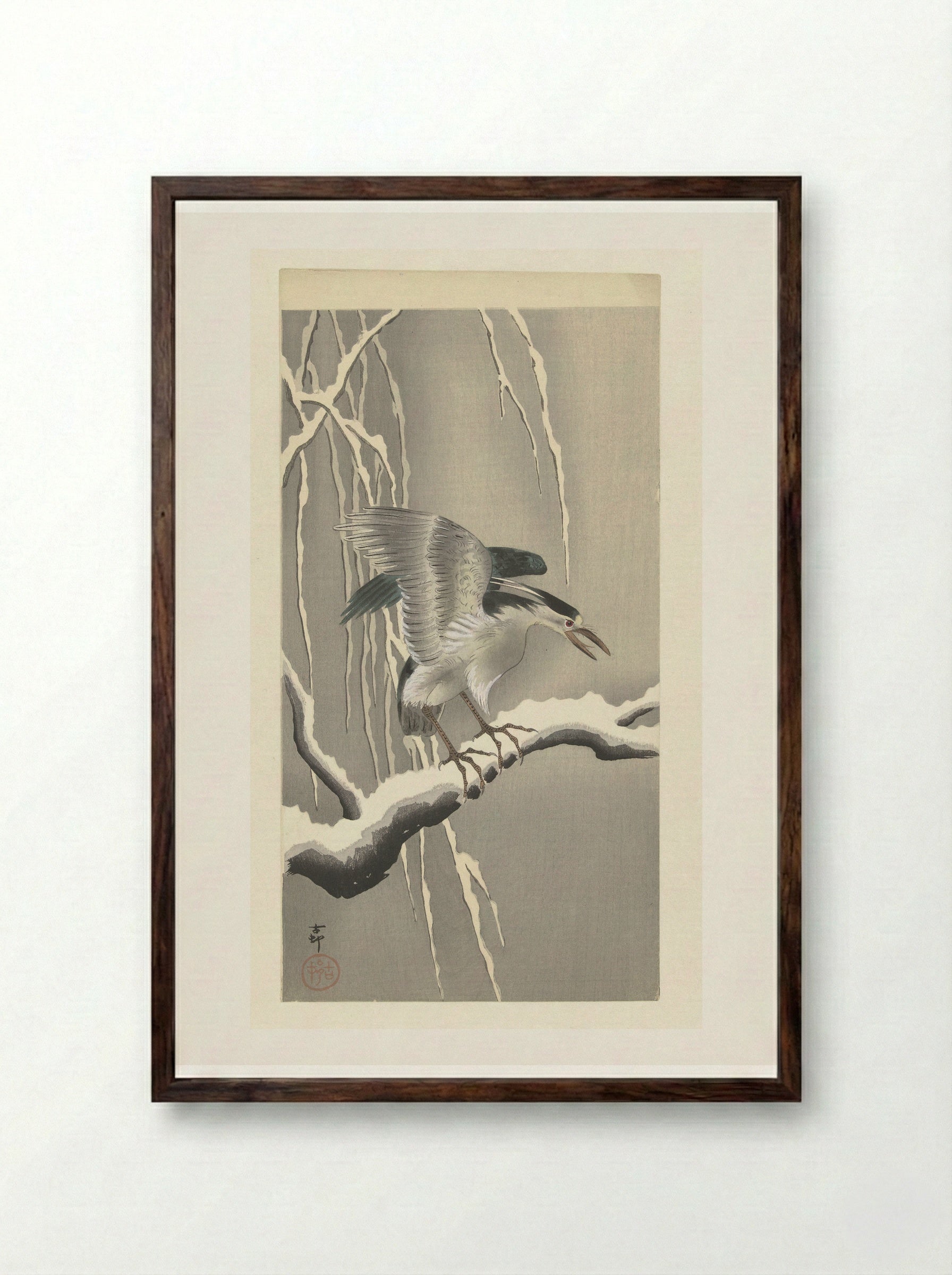 Black-crowned Night Heron on a Snowy Branch - Matsuki Heikichi - Framed Print Dark Wood