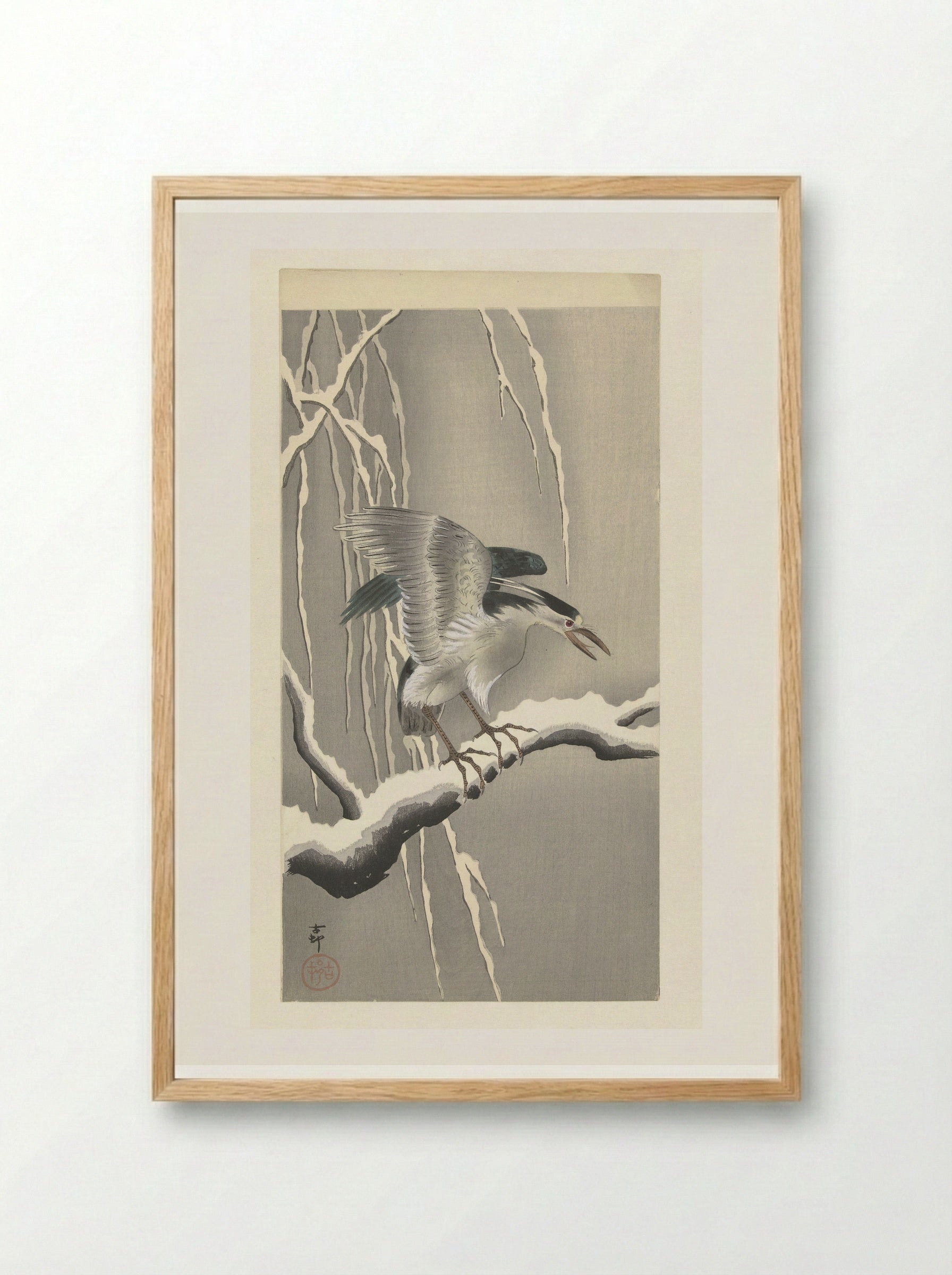 Black-crowned Night Heron on a Snowy Branch - Matsuki Heikichi - Framed Print Wood
