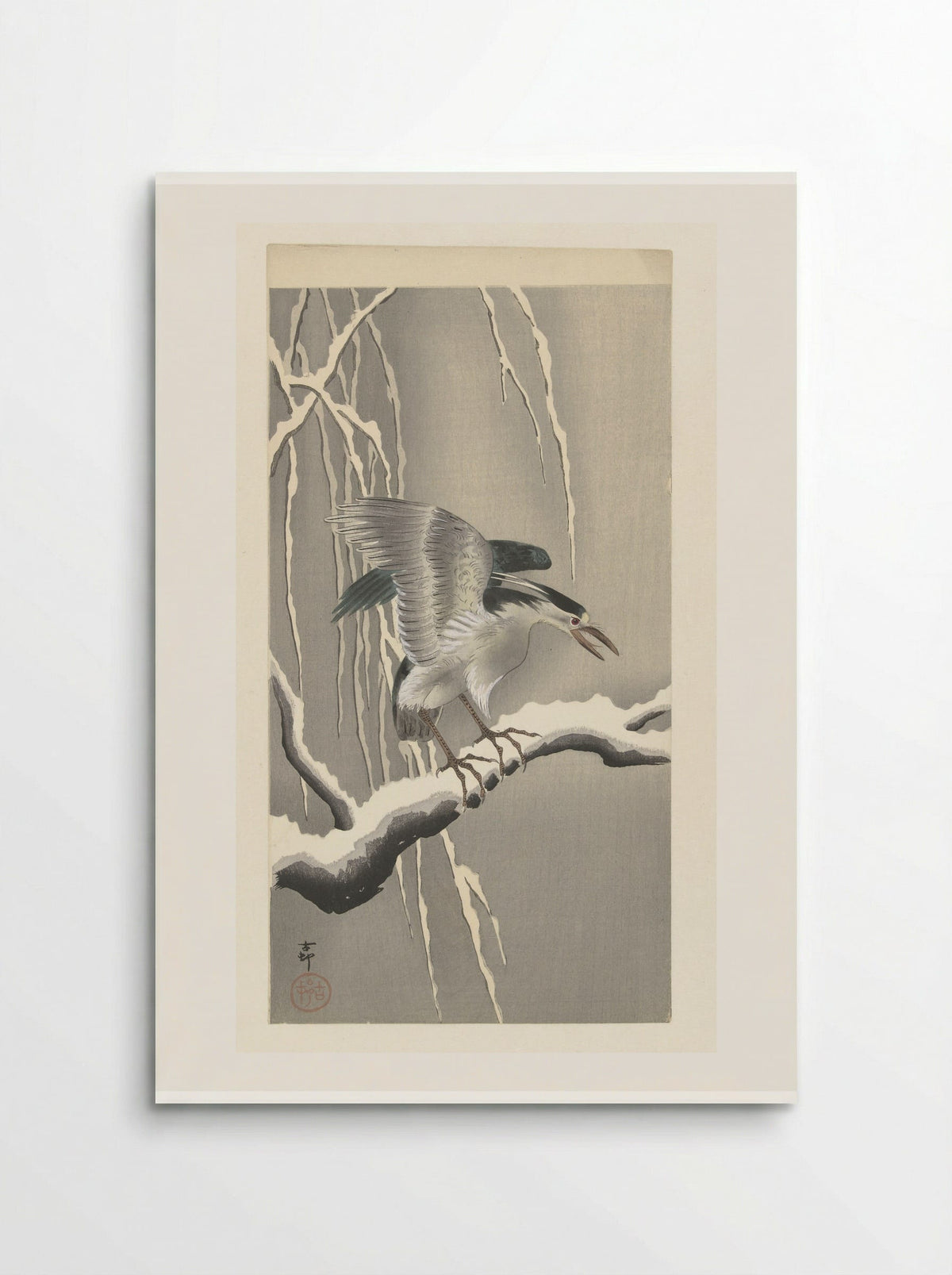 Black-crowned Night Heron on a Snowy Branch - Matsuki Heikichi - Poster