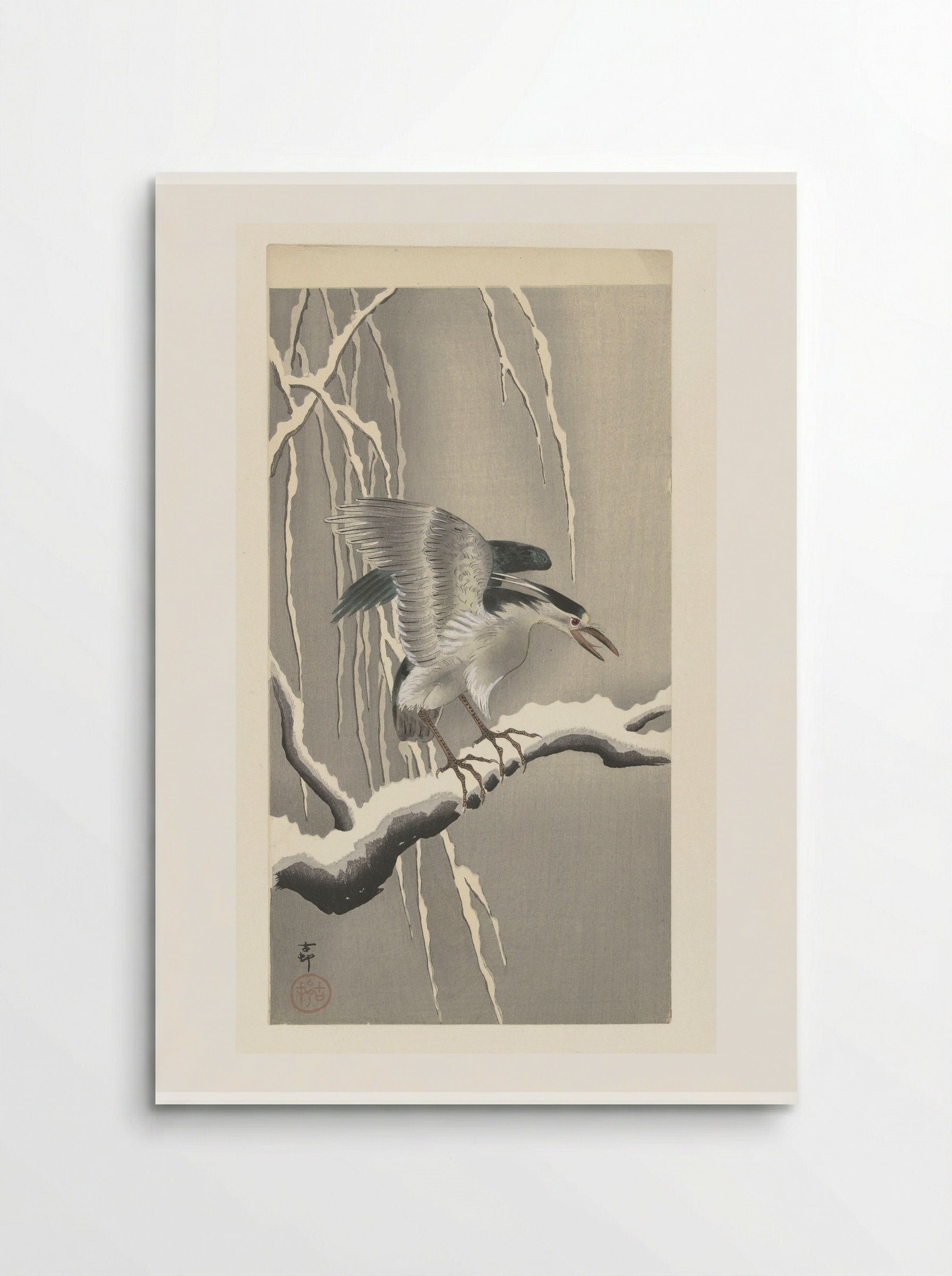 Black-crowned Night Heron on a Snowy Branch - Matsuki Heikichi - Poster