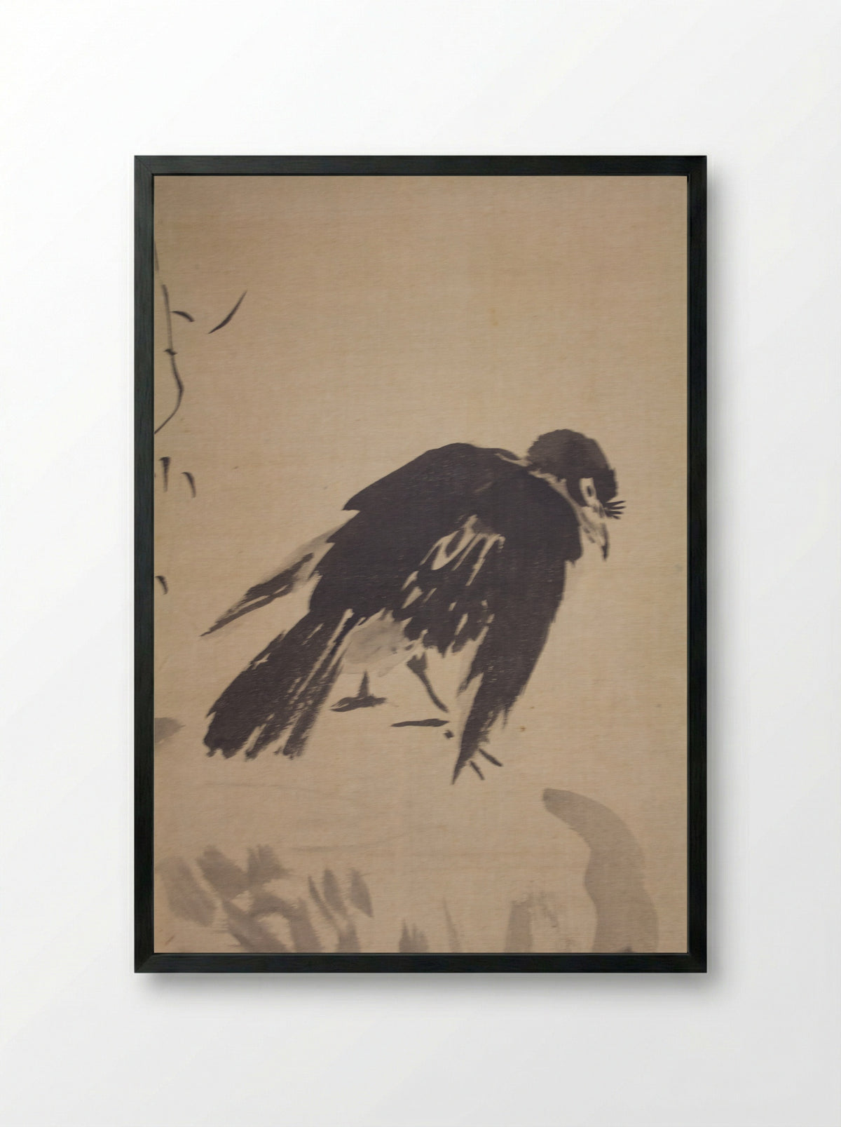 Blackbird on Wave-Swept Rock - Kano School - Framed Print Black
