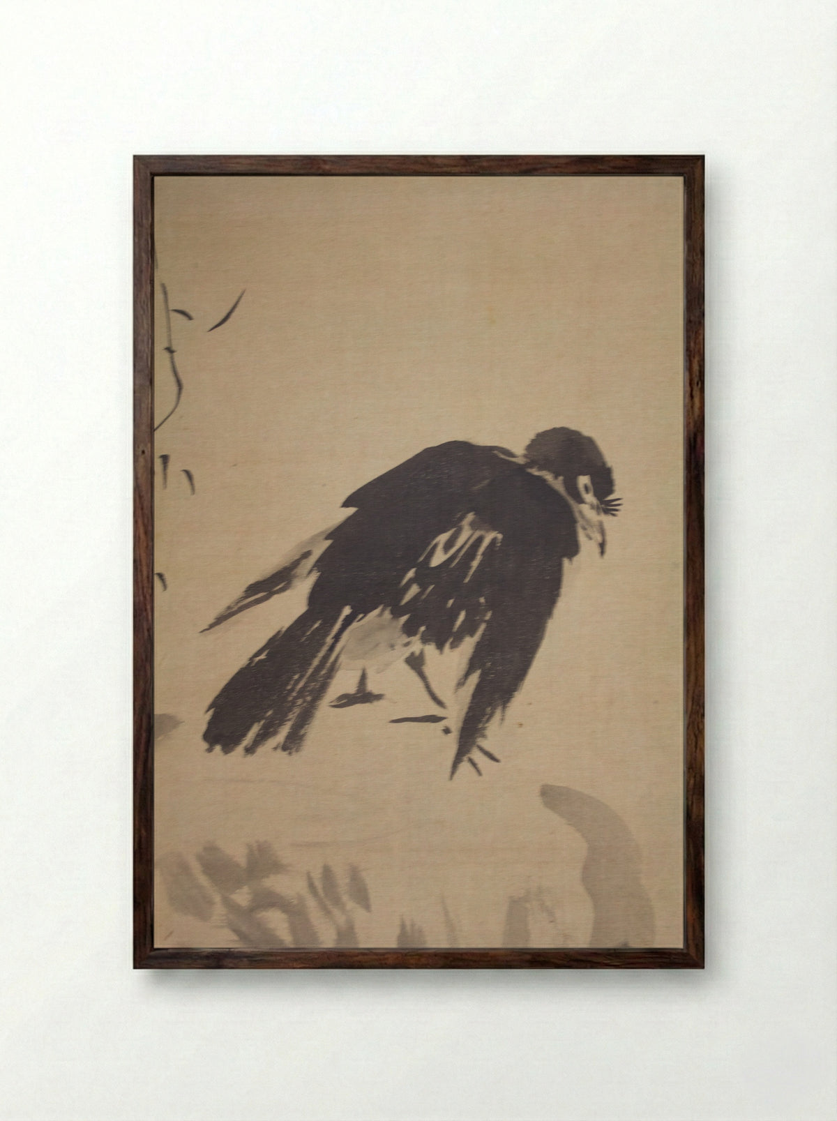 Blackbird on Wave-Swept Rock - Kano School - Framed Print Dark Wood