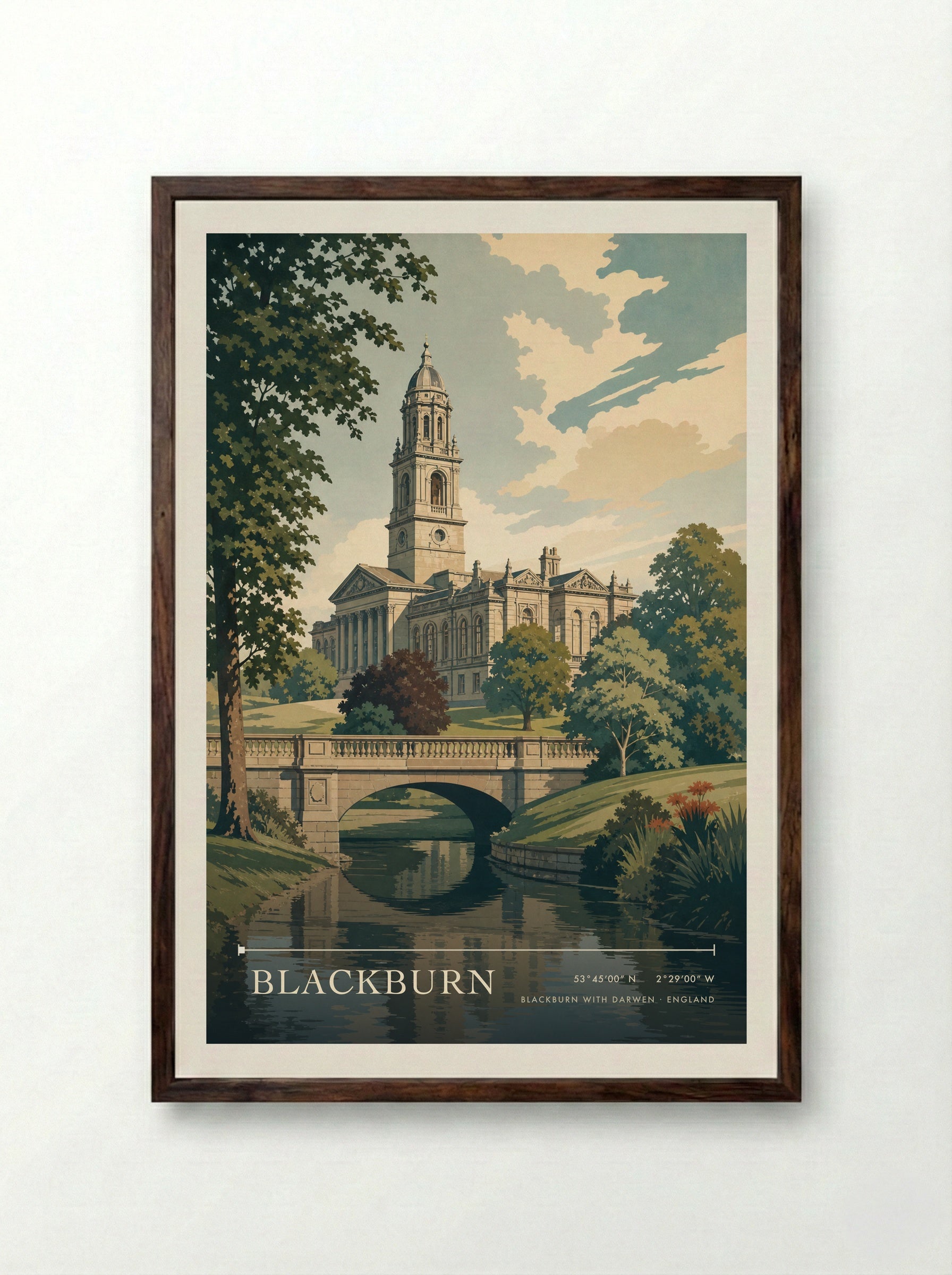 Blackburn Blackburn with Darwen England Travel Poster - Framed Print Dark Wood