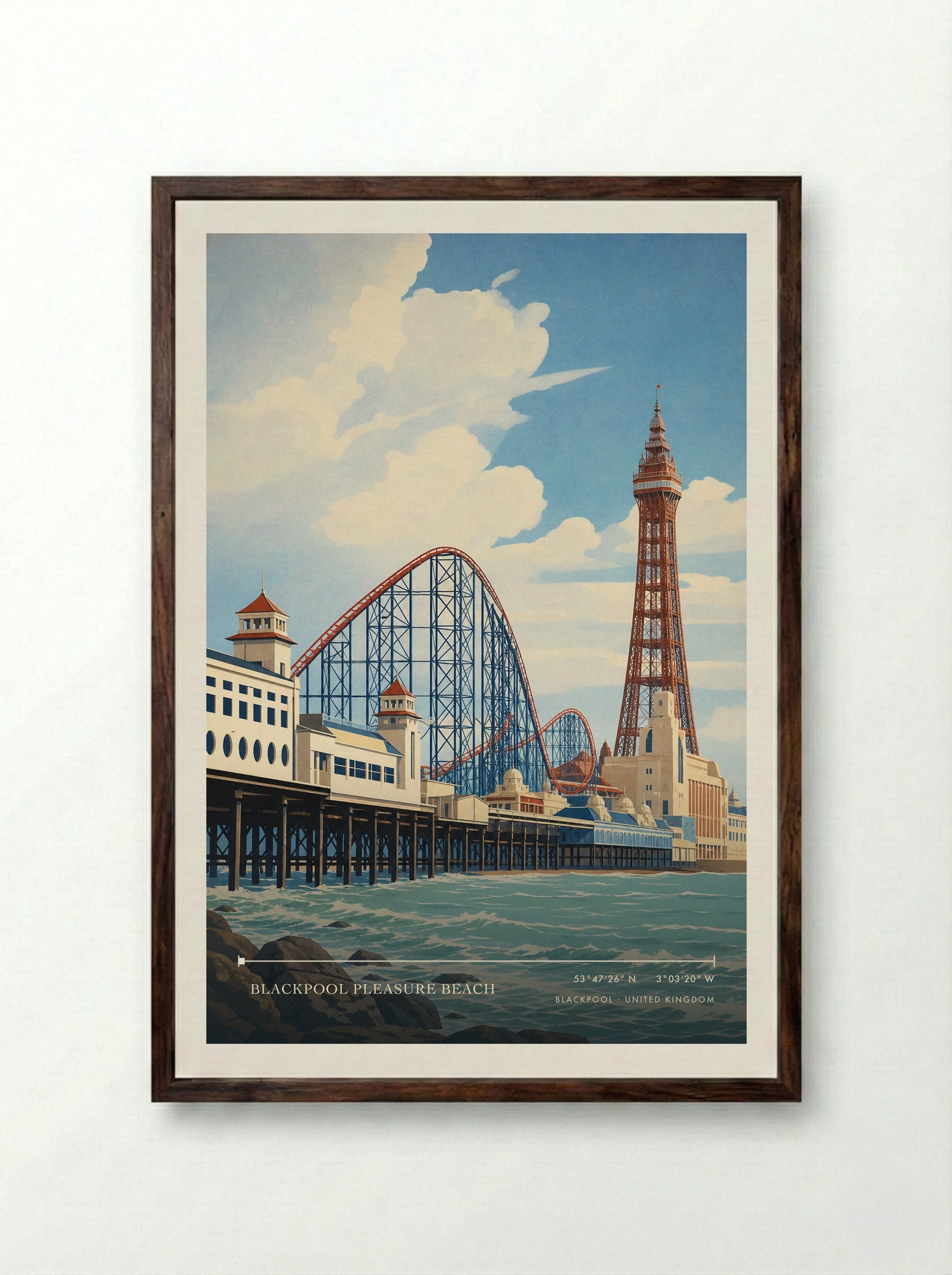 Blackpool Pleasure Beach United Kingdom Travel Poster - Framed Print Dark Wood