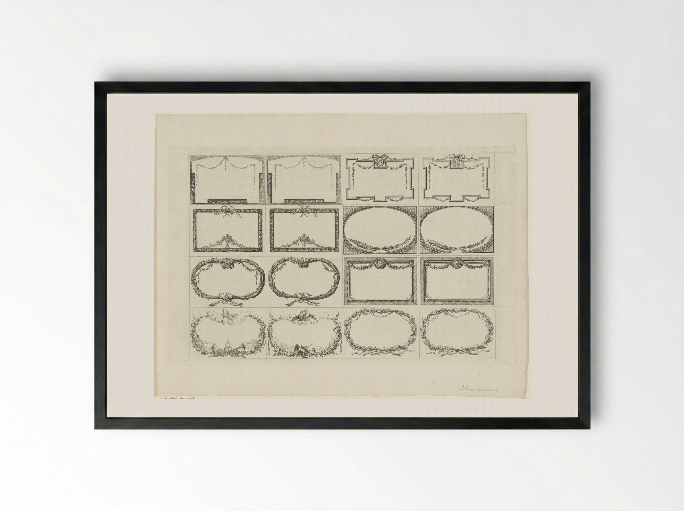 Blad met zestien verschillende cartouches - Jacob Schwartzenbach - Framed Print Black