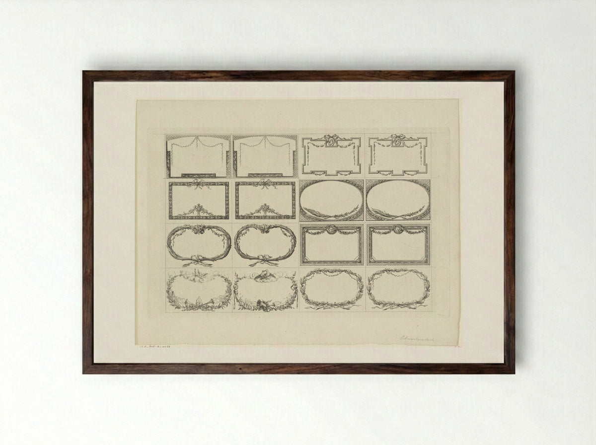 Blad met zestien verschillende cartouches - Jacob Schwartzenbach - Framed Print Dark Wood