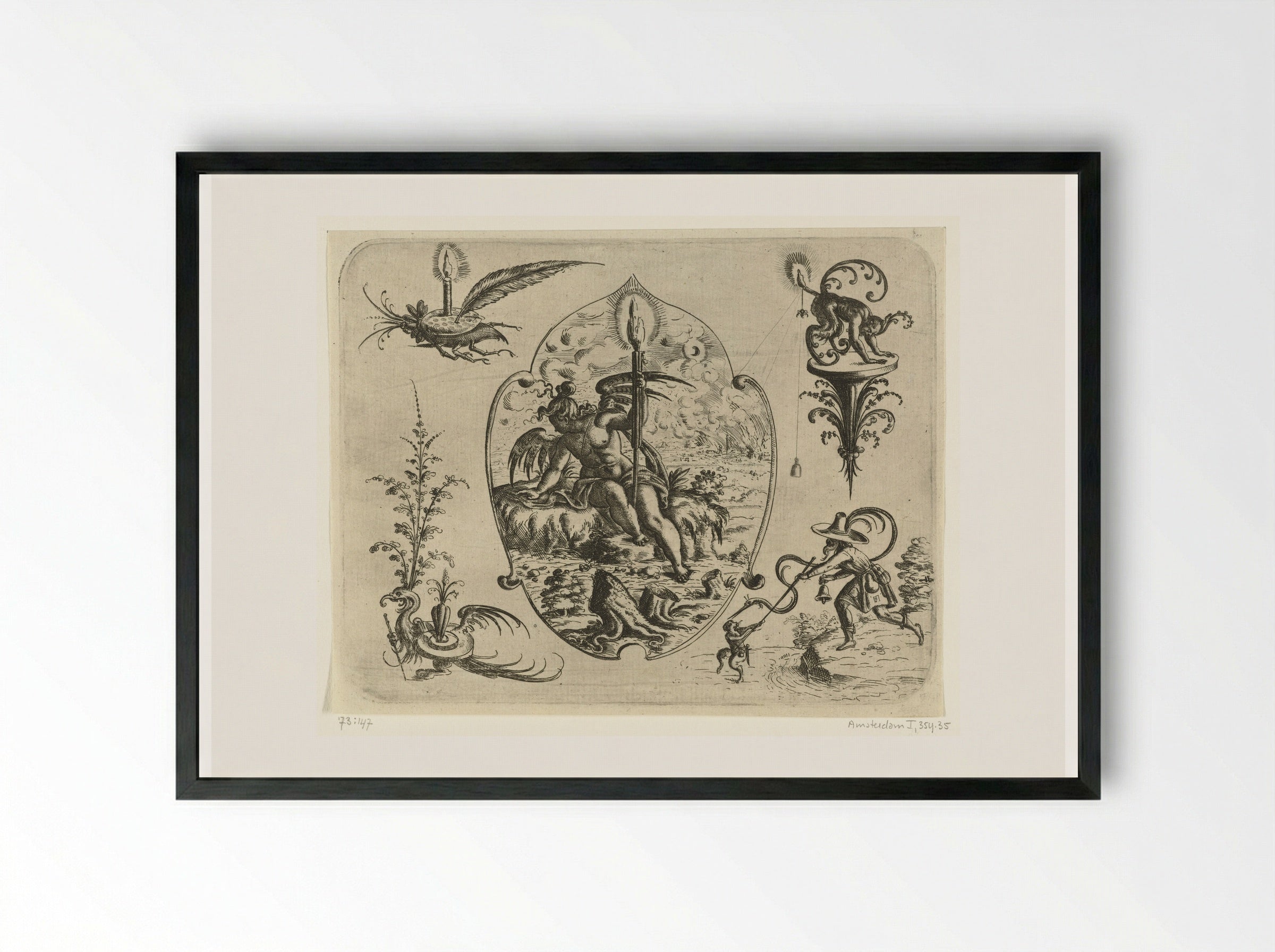 Bladvormige cartouche met een engel - Christoph Jamnitzer - Framed Print Black