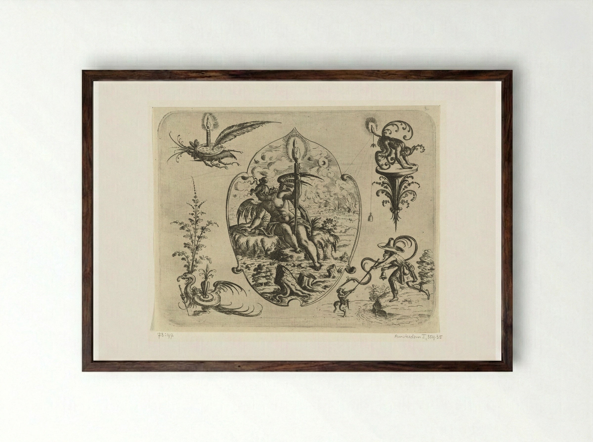 Bladvormige cartouche met een engel - Christoph Jamnitzer - Framed Print Dark Wood