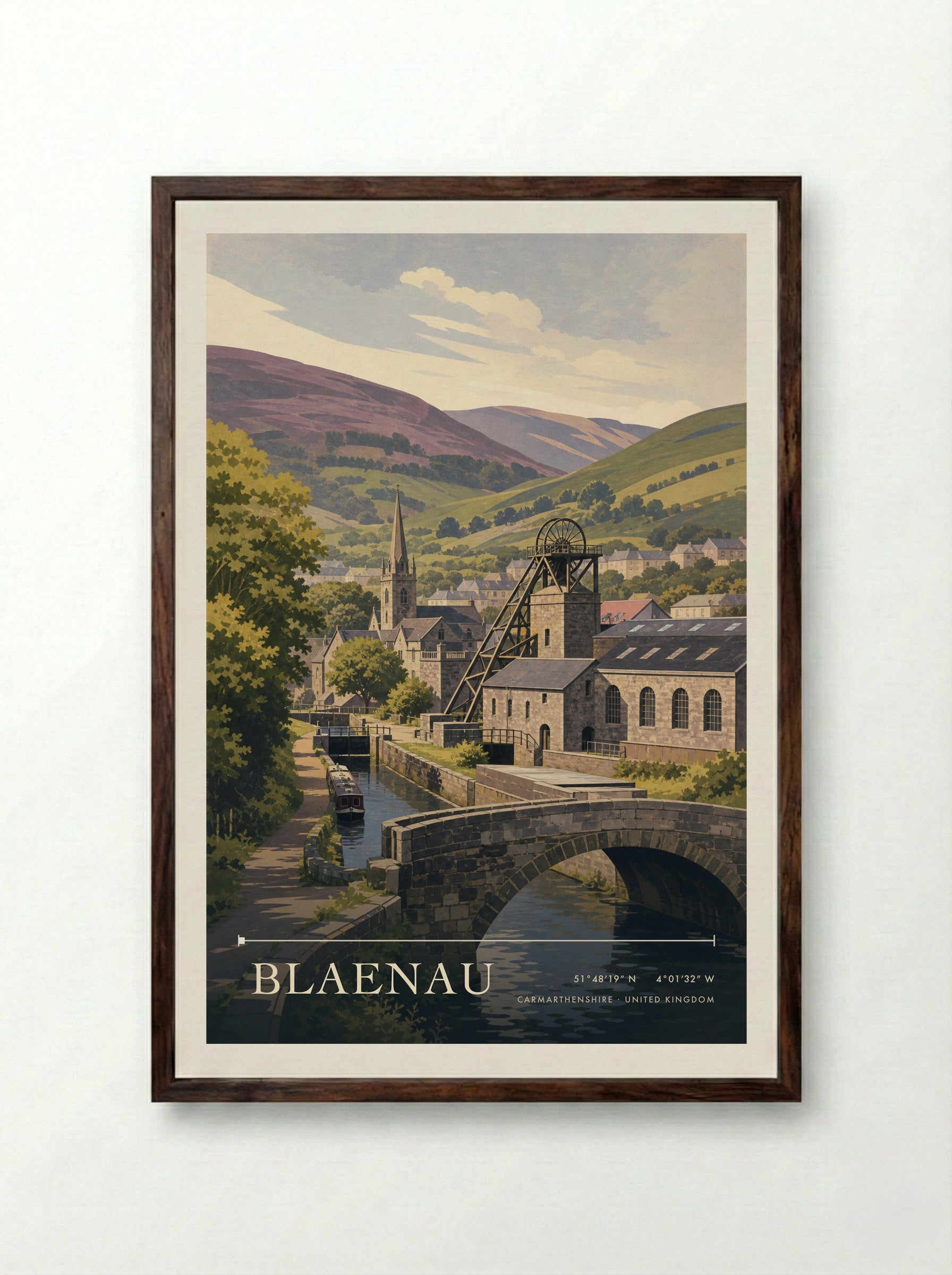 Blaenau Carmarthenshire United Kingdom Travel Poster - Framed Print Dark Wood