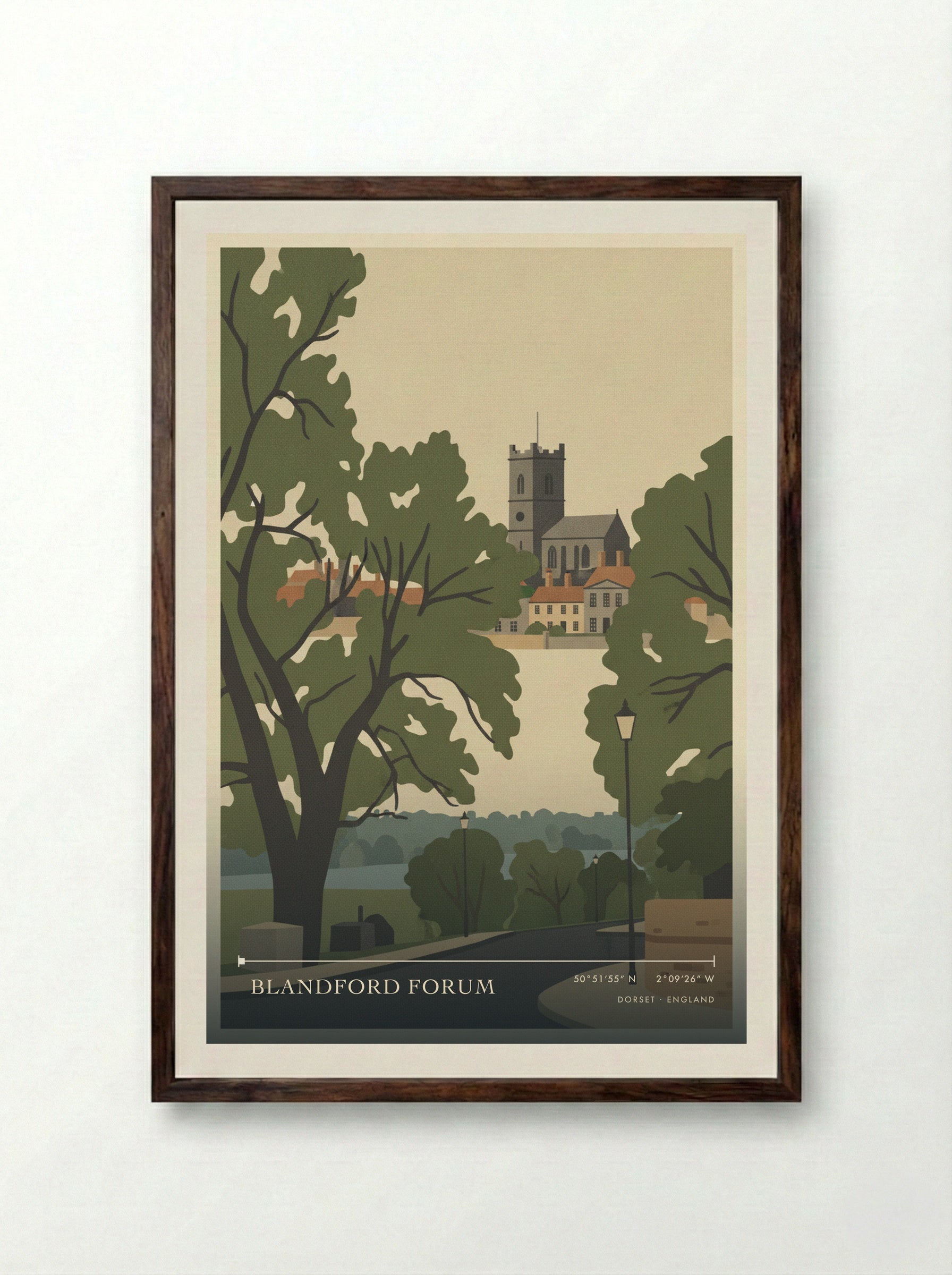 Blandford Forum Dorset England Travel Poster - Framed Print Dark Wood