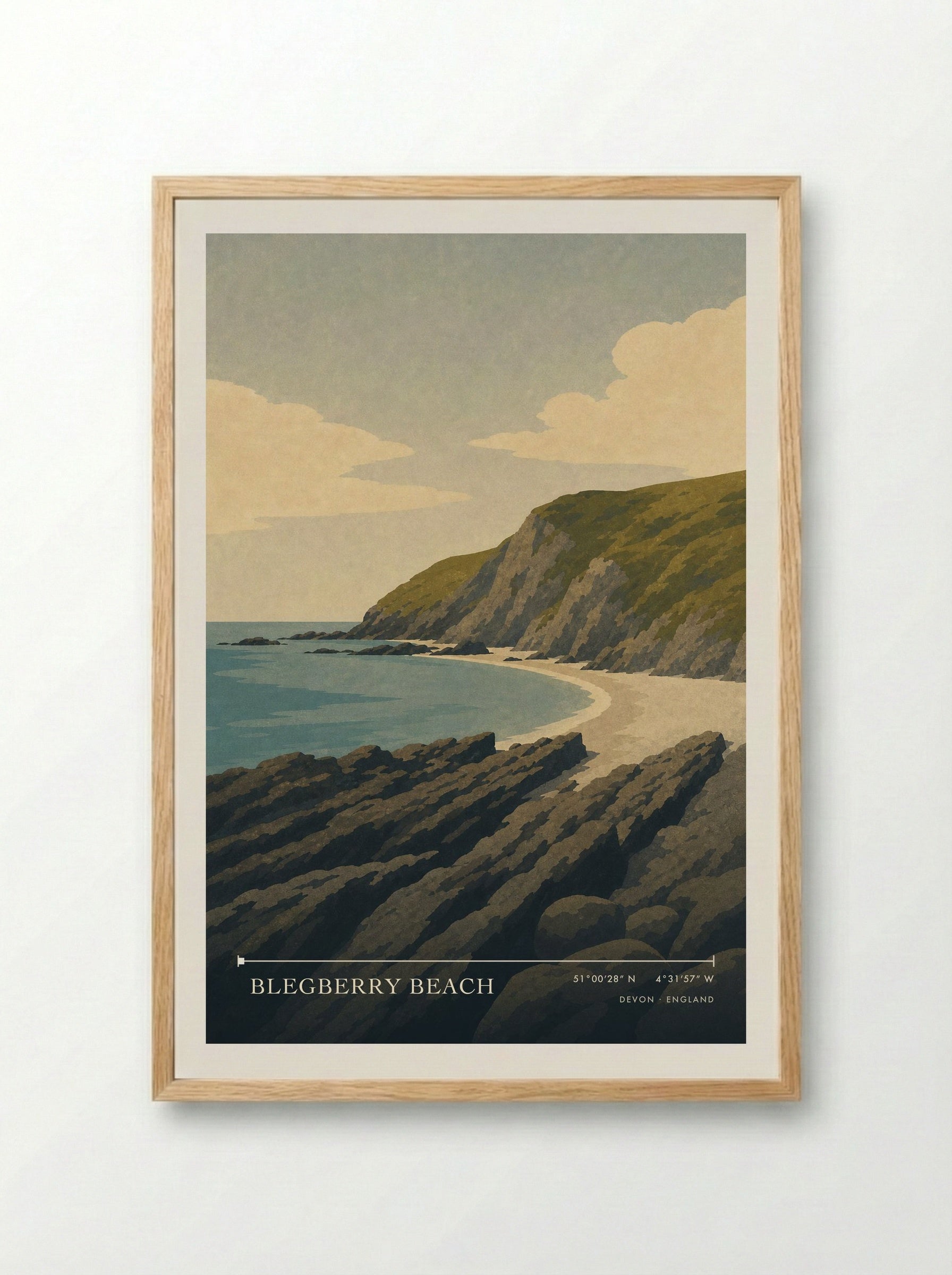 Blegberry Beach Devon England Travel Poster - Framed Print Wood
