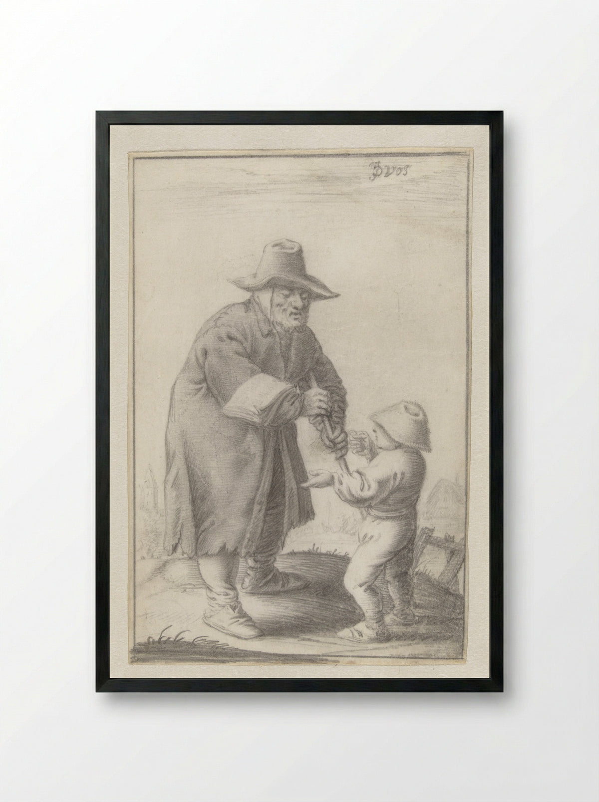 Blind Song Seller and Boy - J. de Vos - Framed Print Black