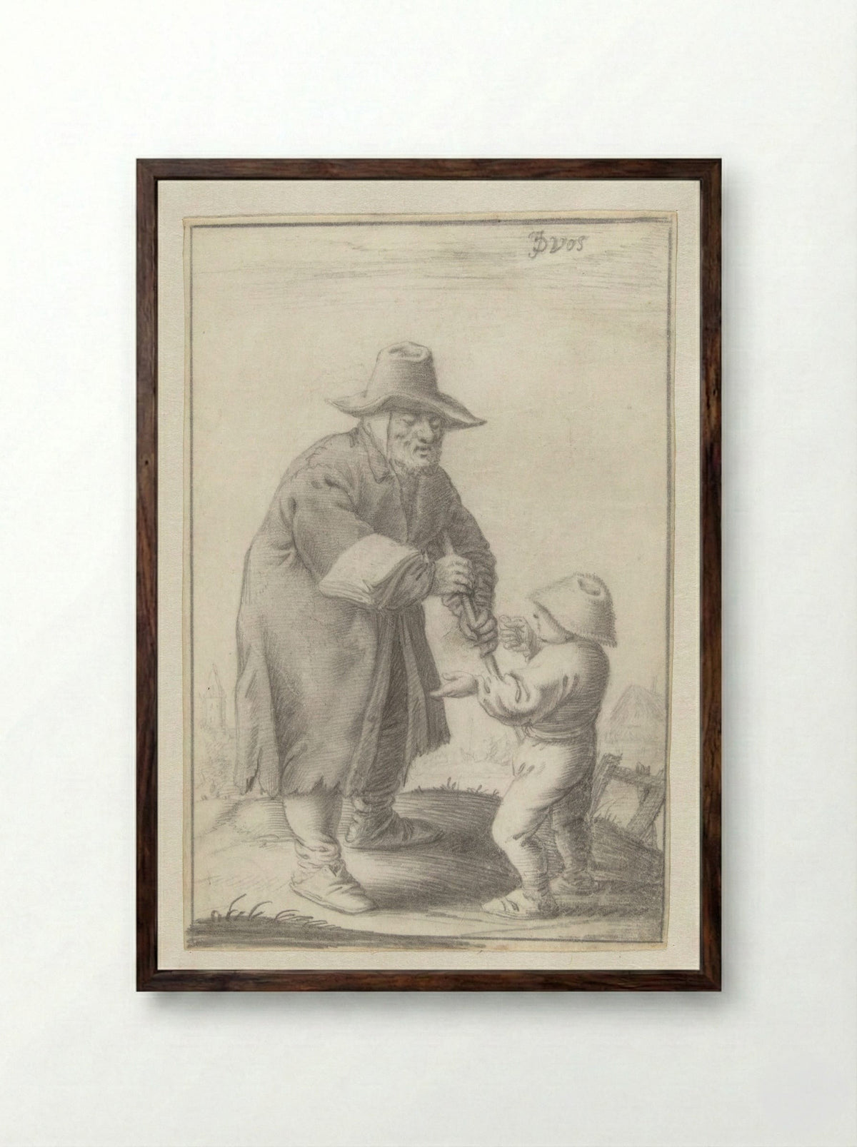Blind Song Seller and Boy - J. de Vos - Framed Print Dark Wood