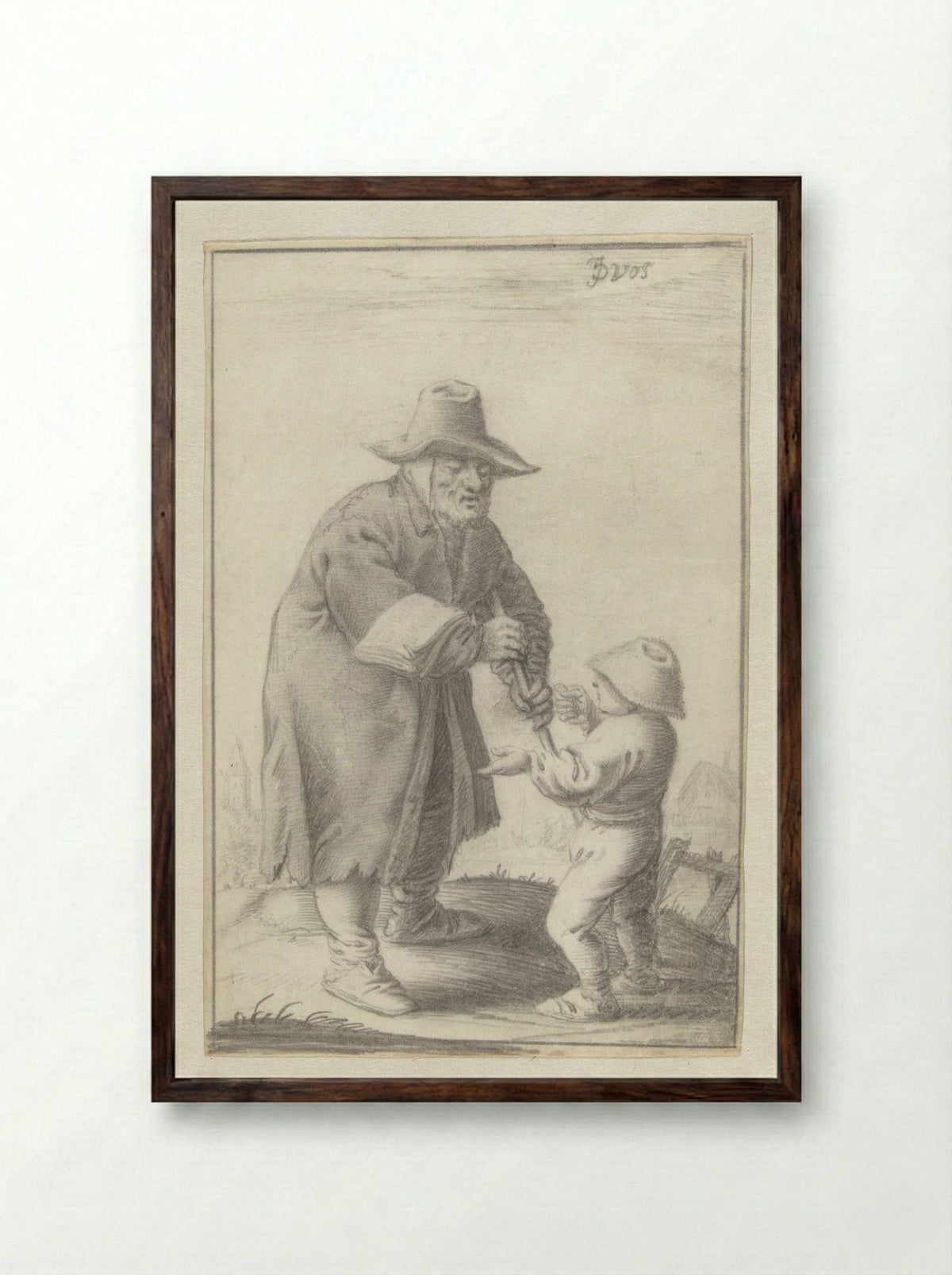 Blind Song Seller and Boy - J. de Vos - Framed Print Dark Wood