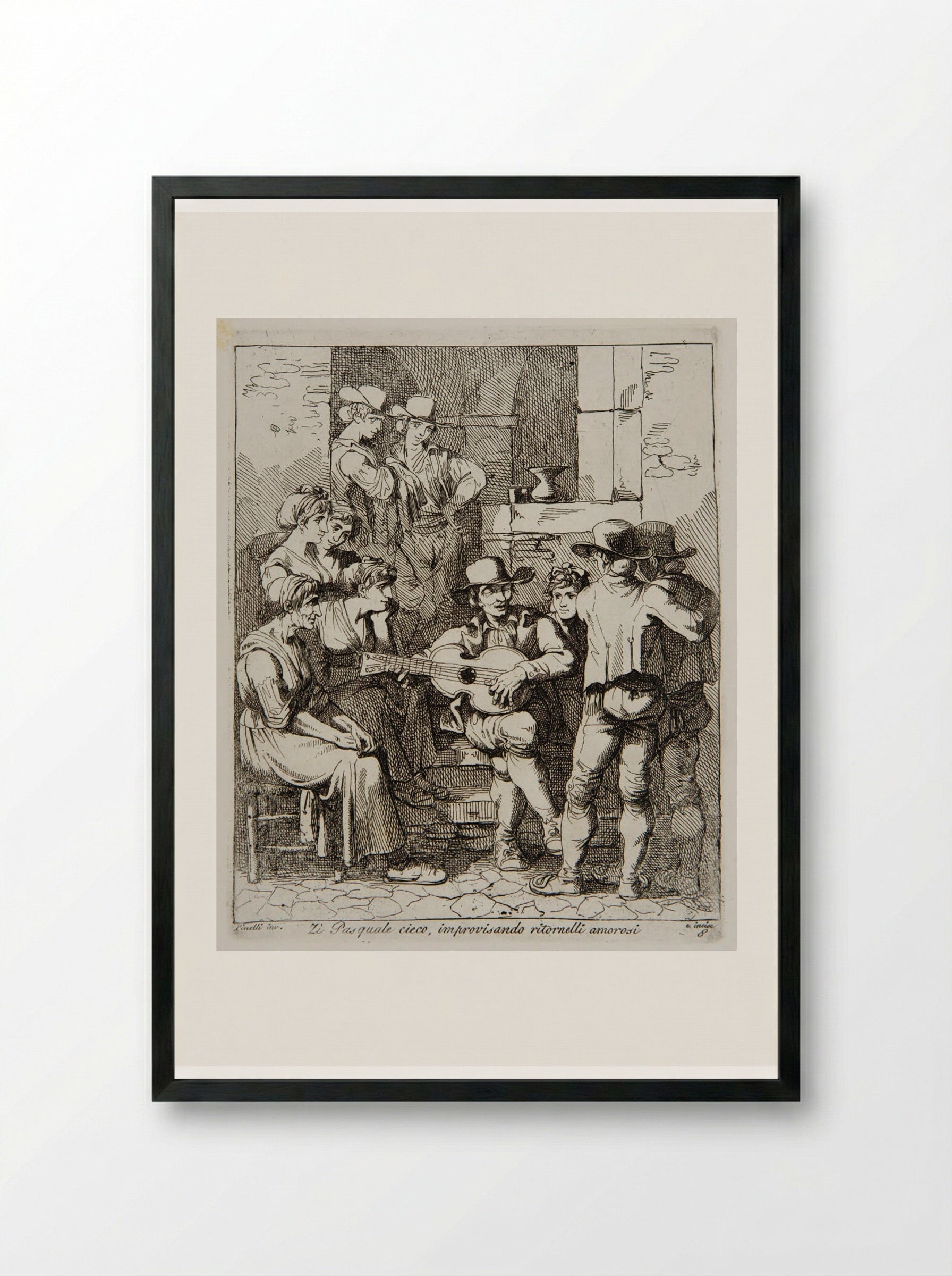 Blind Uncle Pasquale Improvising Love Refrains - Bartolomeo Pinelli - Framed Print Black