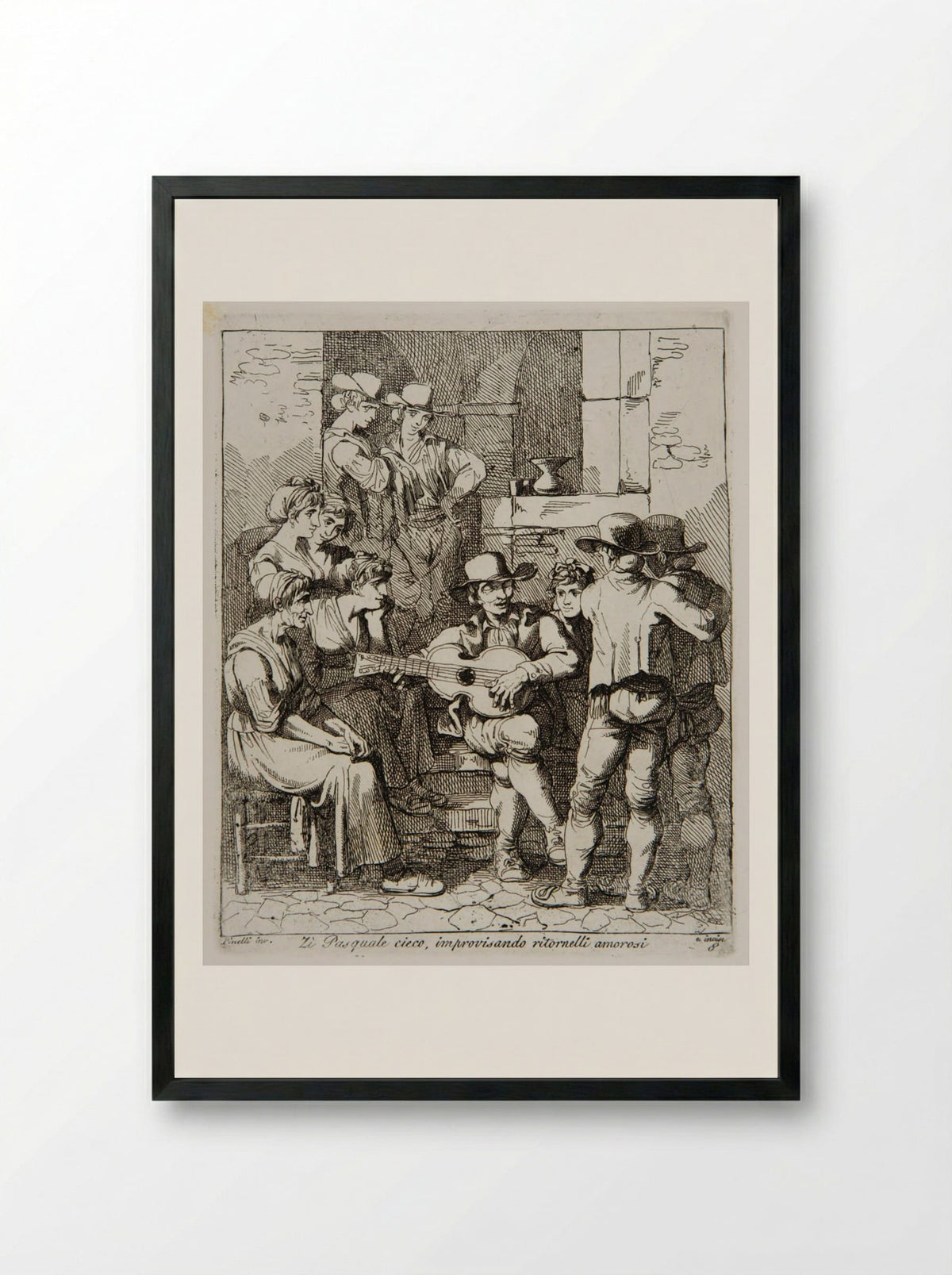 Blind Uncle Pasquale Improvising Love Refrains - Bartolomeo Pinelli - Framed Print Black