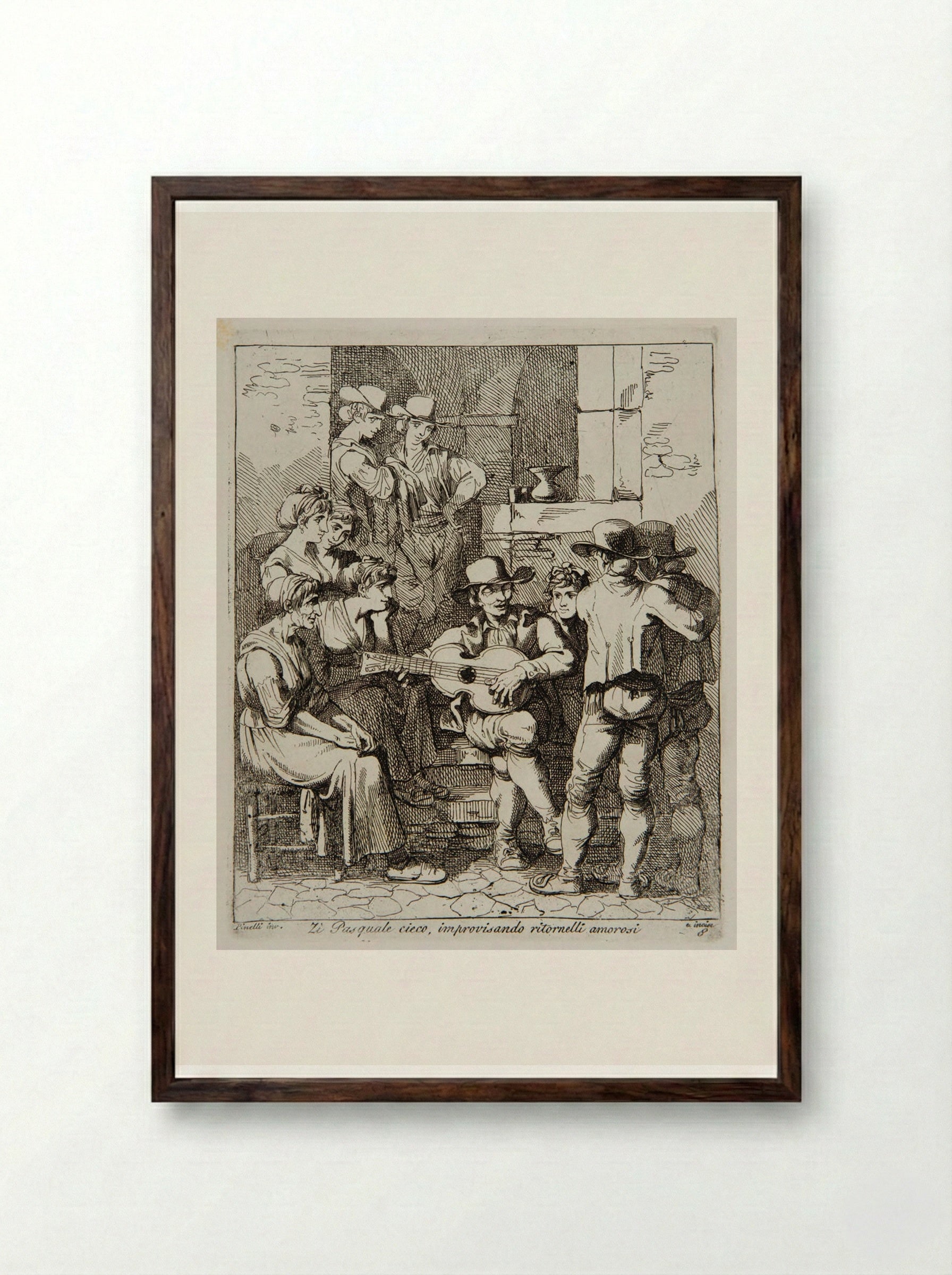 Blind Uncle Pasquale Improvising Love Refrains - Bartolomeo Pinelli - Framed Print Dark Wood