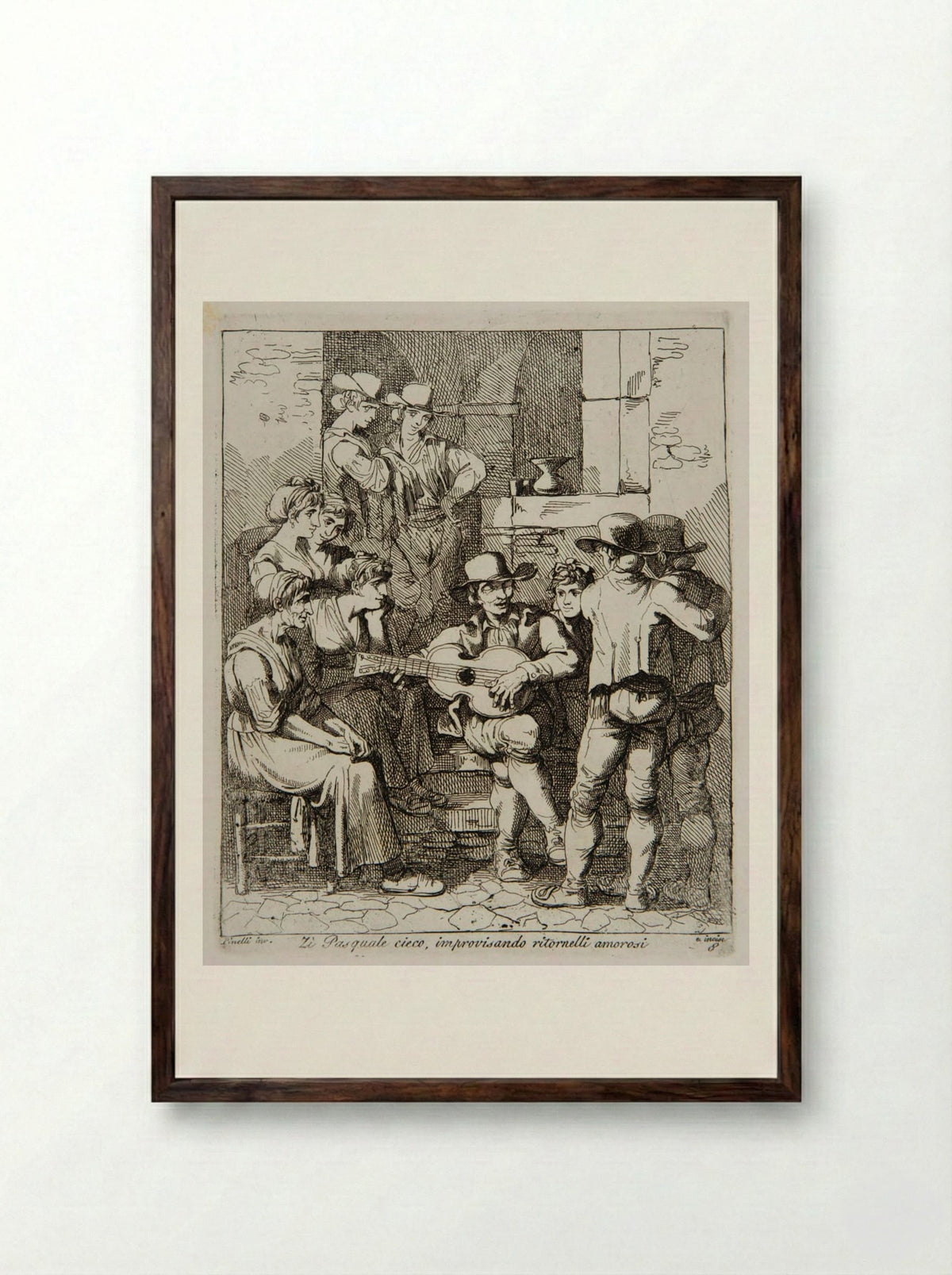 Blind Uncle Pasquale Improvising Love Refrains - Bartolomeo Pinelli - Framed Print Dark Wood