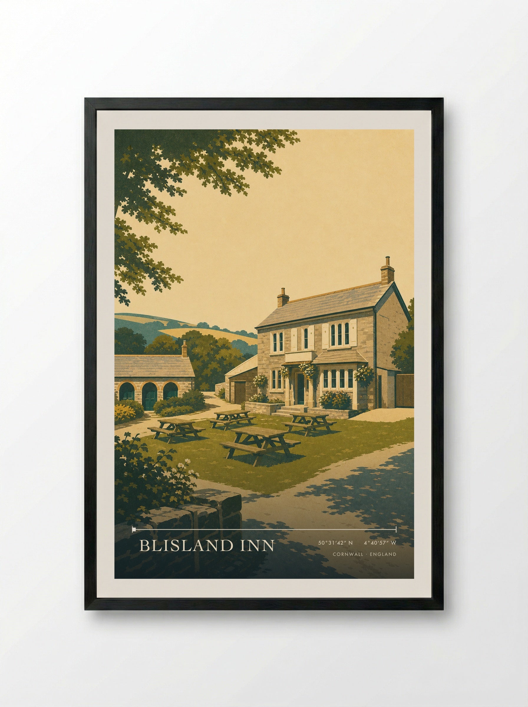 Blisland Inn Cornwall England Travel Poster - Framed Print Black